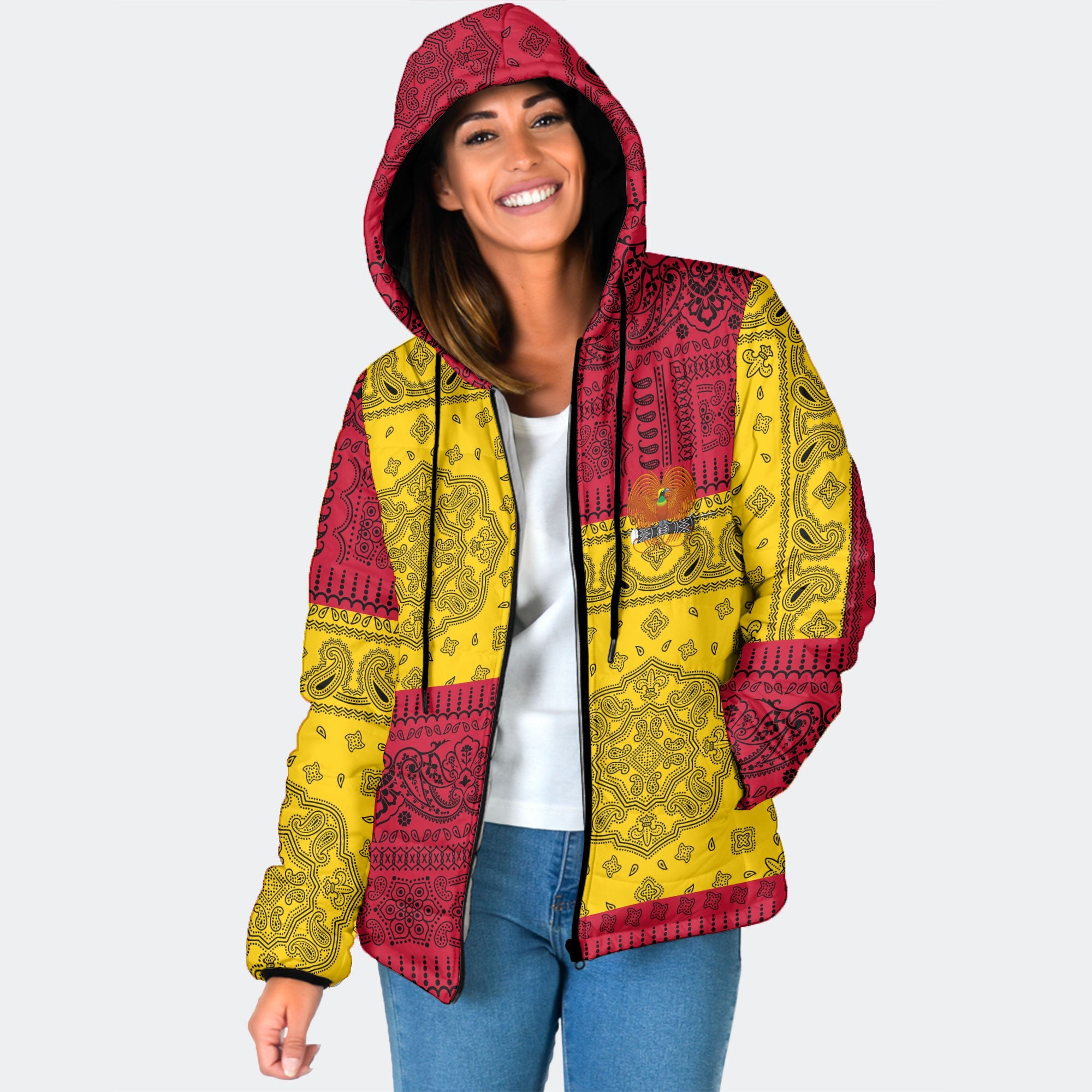 Papua New Guinea Women Hooded Padded Jacket Flag And Paisley Basic Style 1