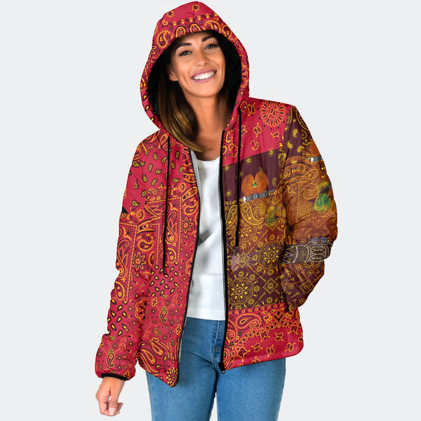 Papua New Guinea Women Hooded Padded Jacket Paisley Flag And Skull Style 1