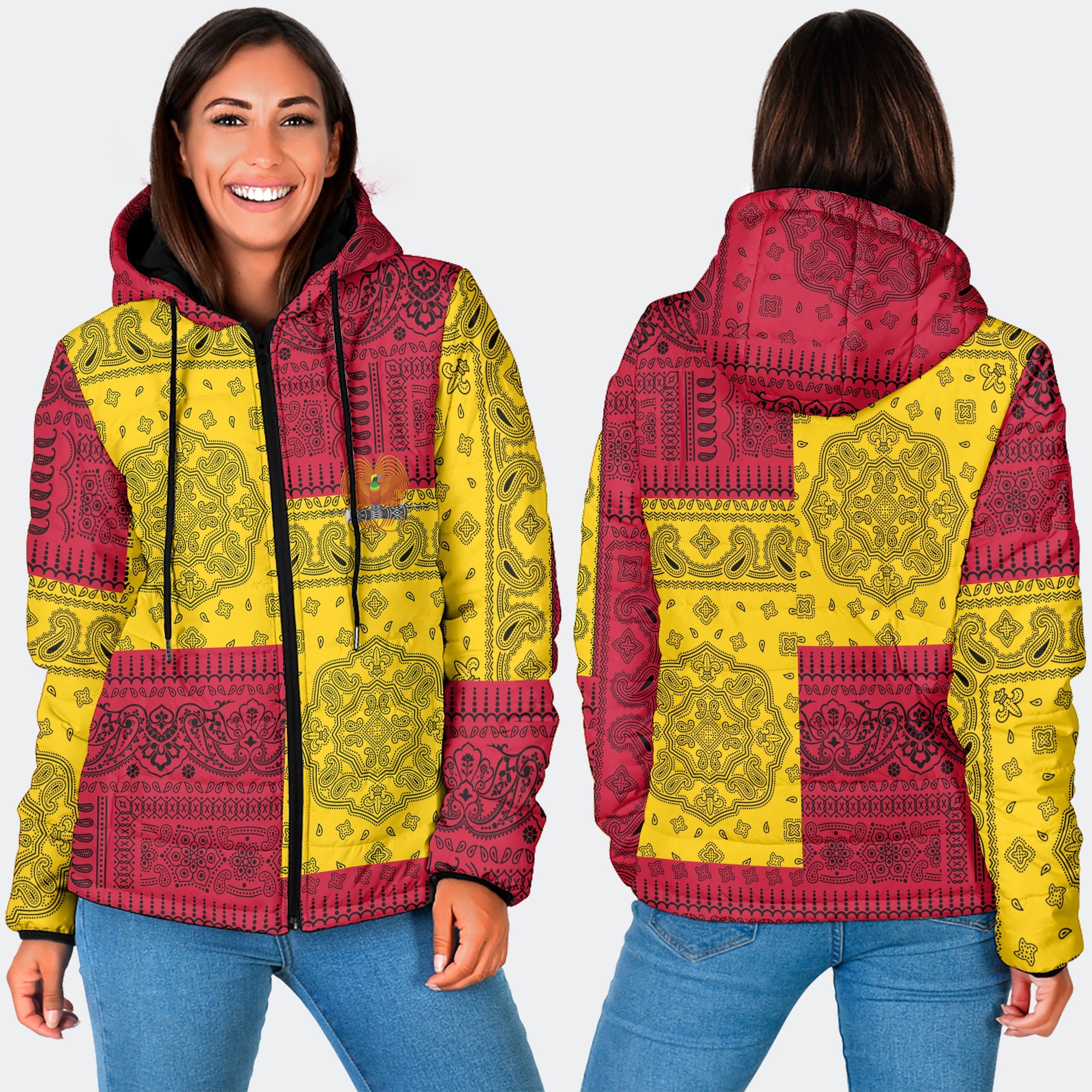 Papua New Guinea Women Hooded Padded Jacket Flag And Paisley Basic Style 3