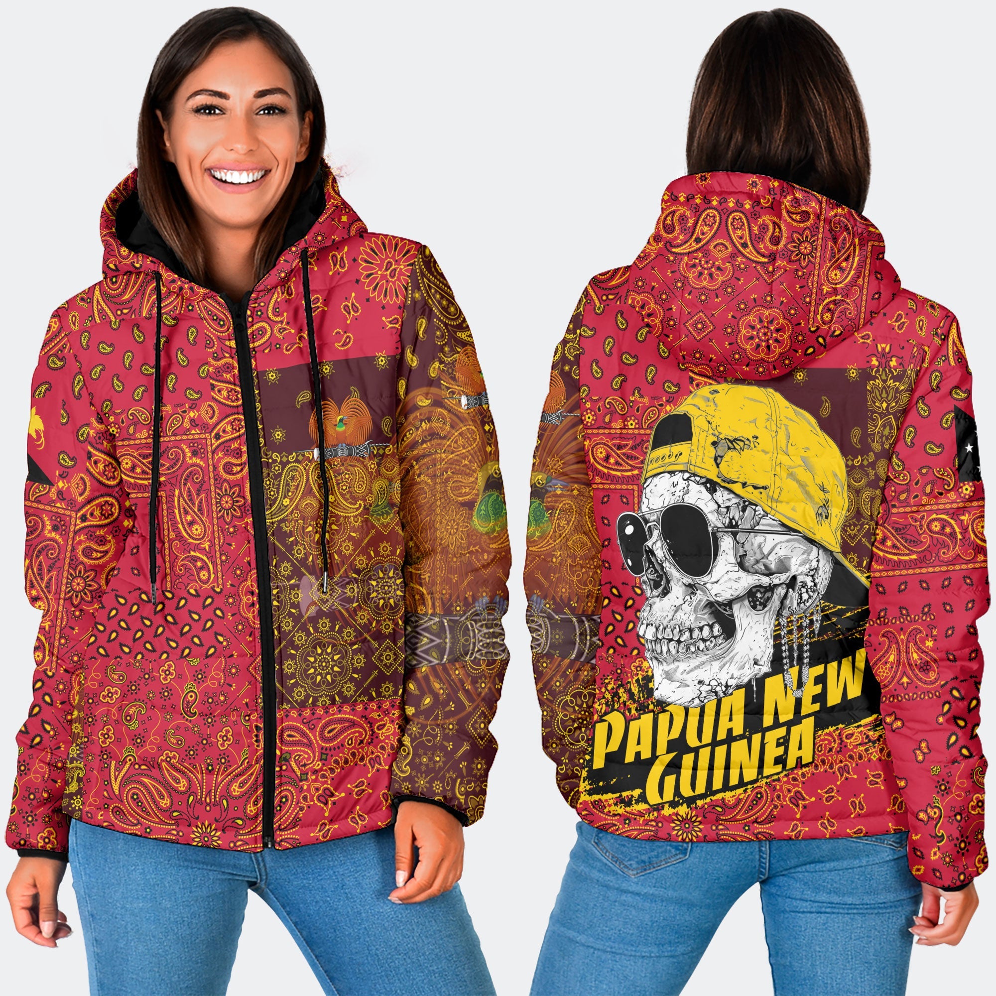 Papua New Guinea Women Hooded Padded Jacket Paisley Flag And Skull Style 3