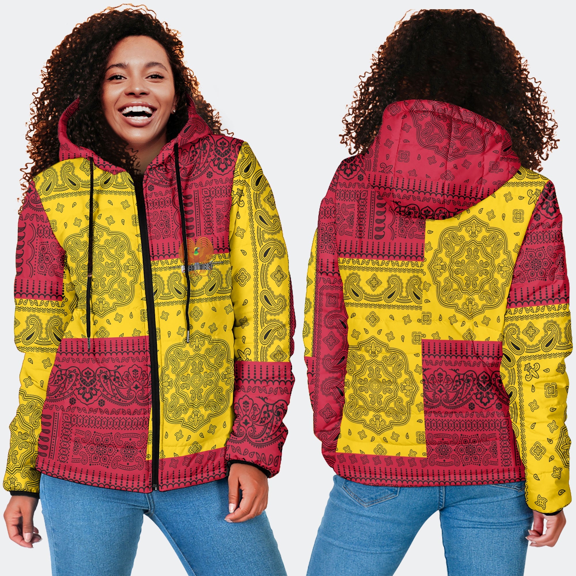 Papua New Guinea Women Hooded Padded Jacket Flag And Paisley Basic Style 4