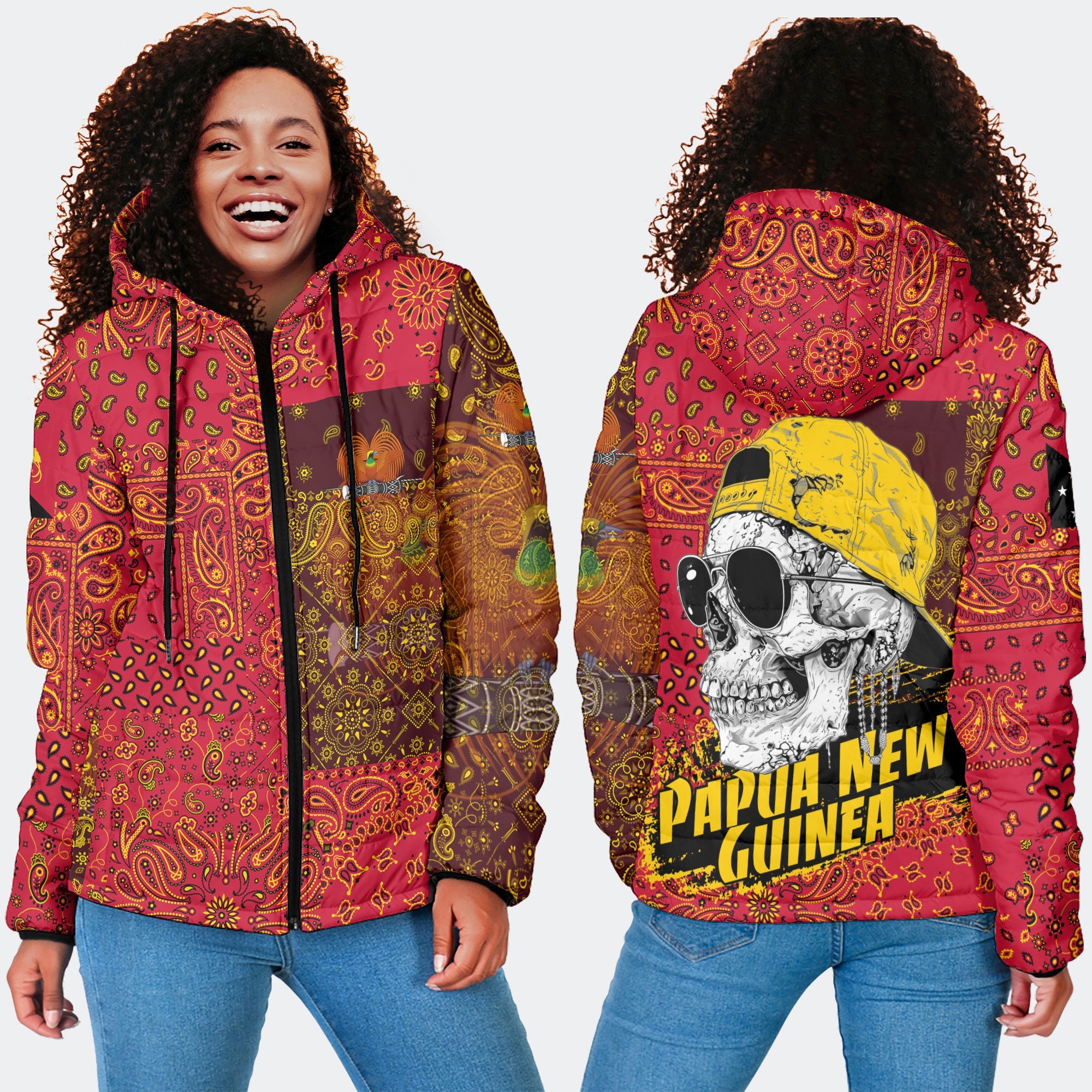 Papua New Guinea Women Hooded Padded Jacket Paisley Flag And Skull Style 4