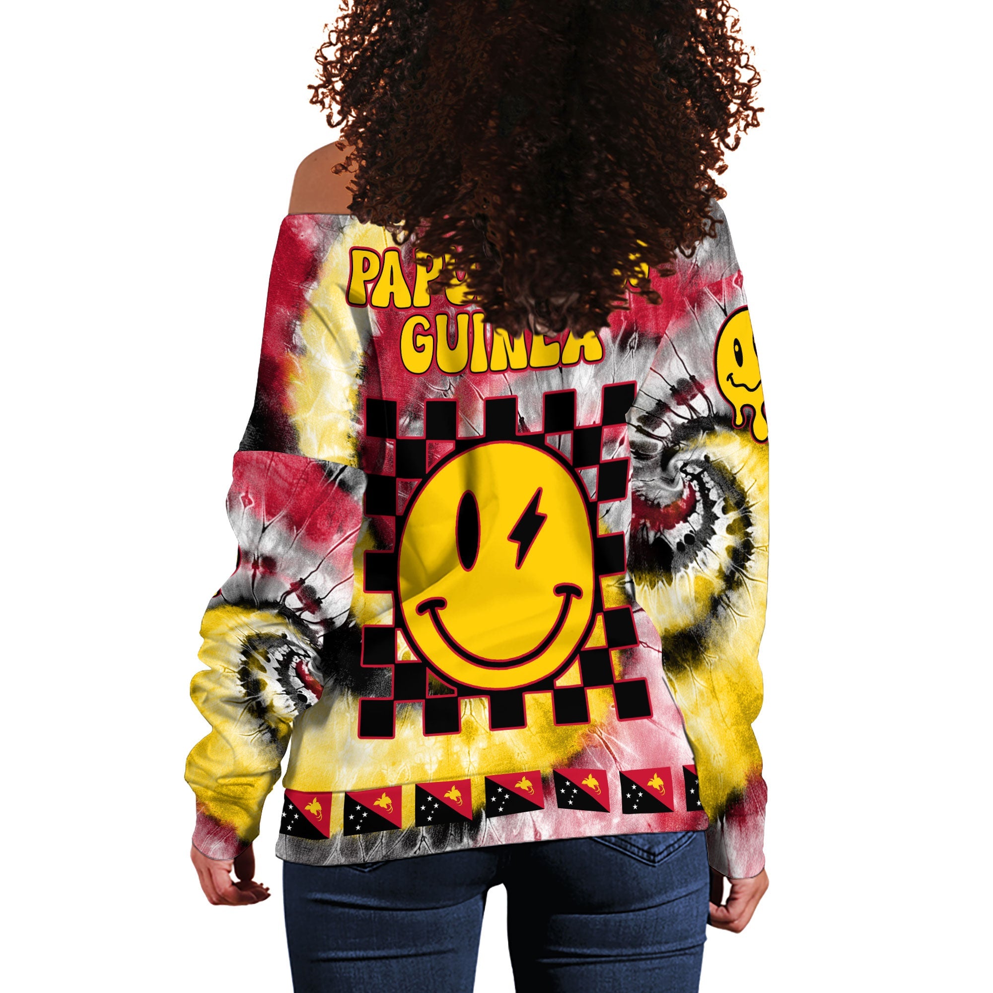 Papua New Guinea Women Off Shoulder Sweatshirt Custom Tie Dye Style 1