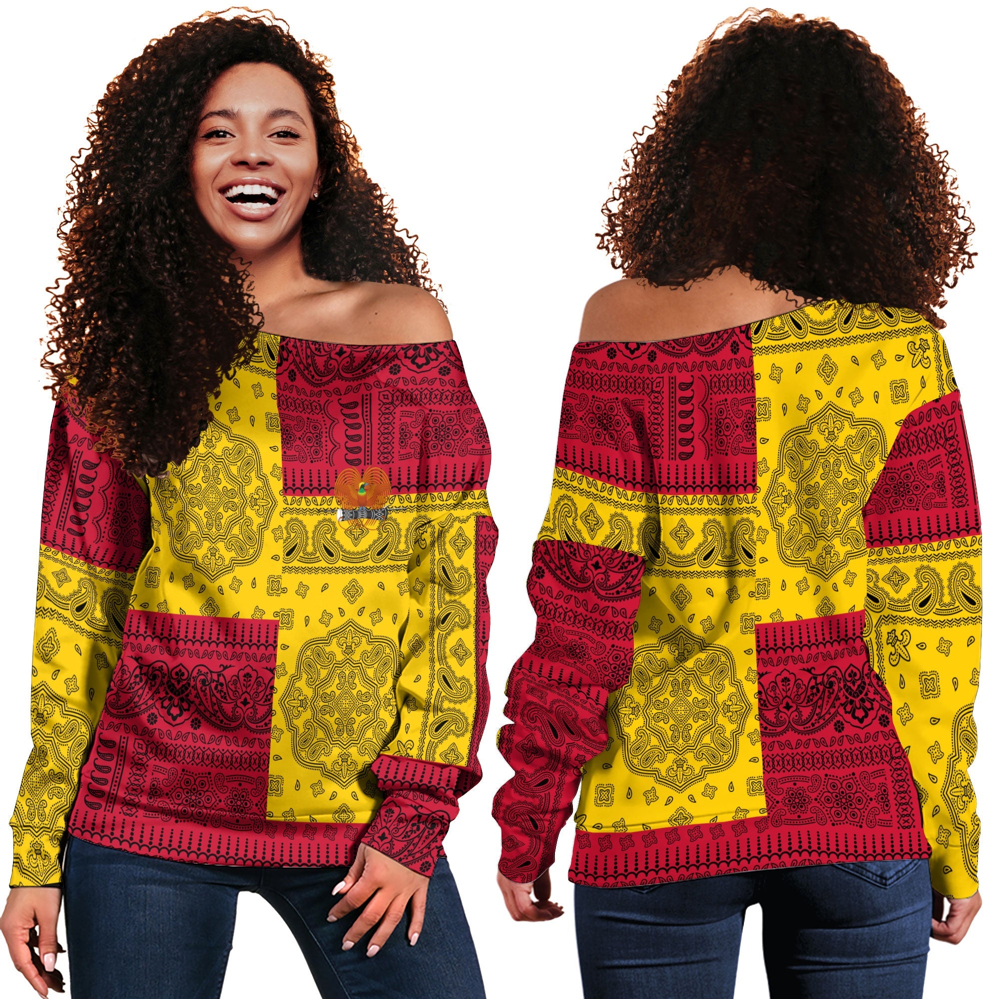 Papua New Guinea Women Off Shoulder Sweatshirt Flag And Paisley Basic Style 1