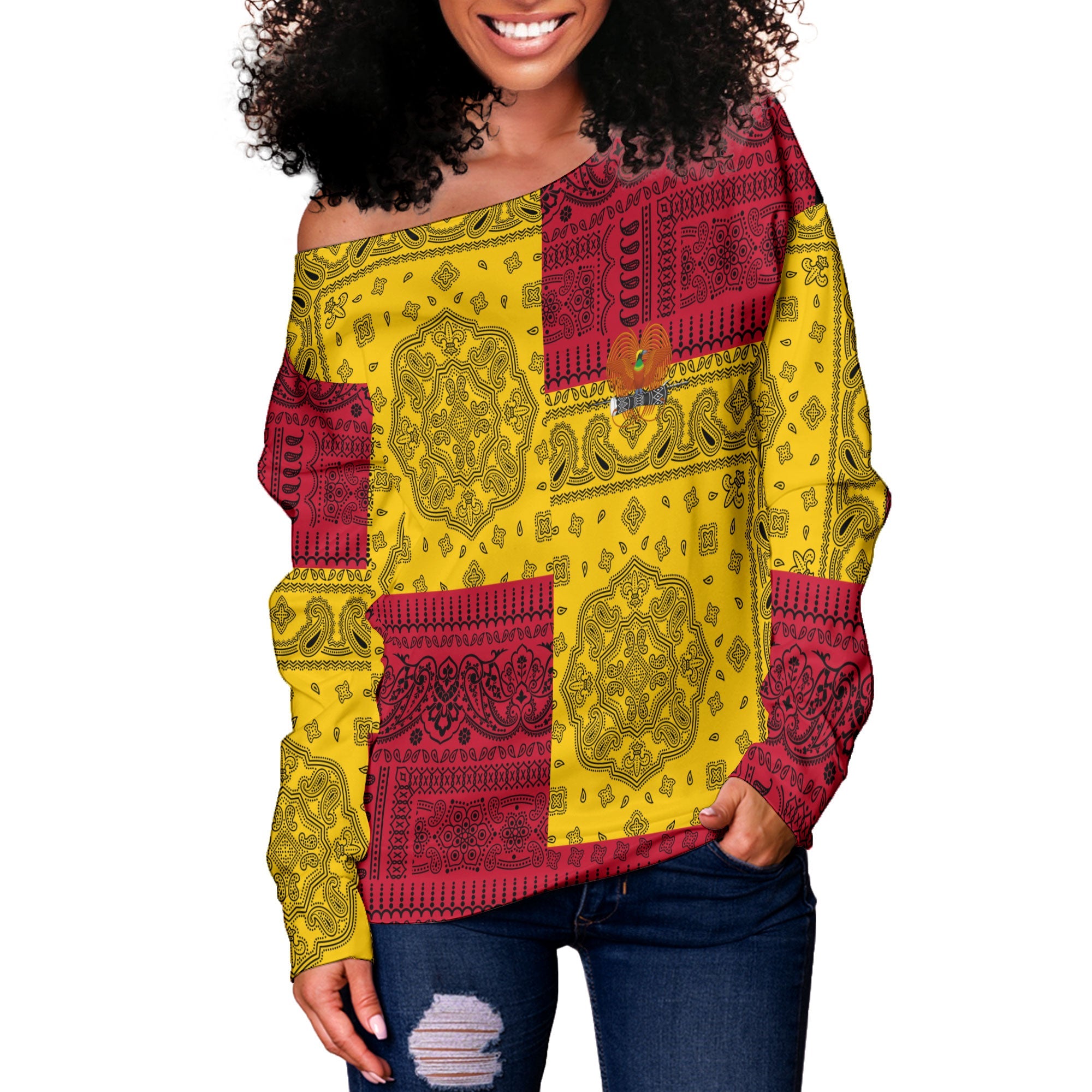 Papua New Guinea Women Off Shoulder Sweatshirt Flag And Paisley Basic Style 2