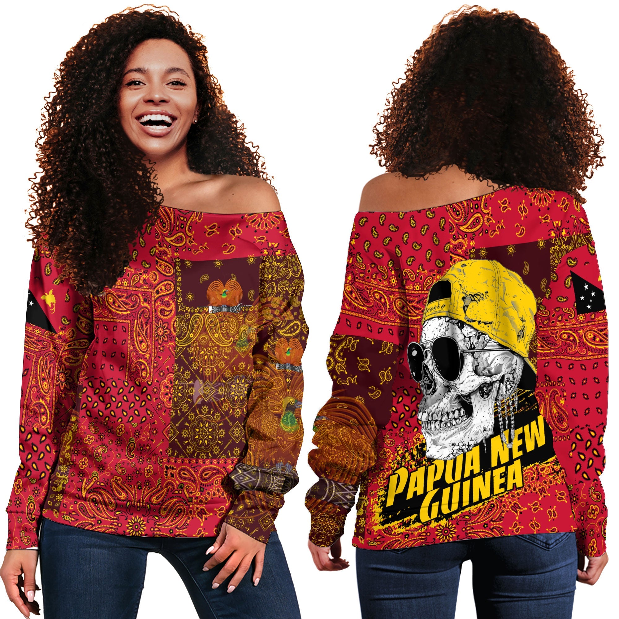 Papua New Guinea Women Off Shoulder Sweatshirt Paisley Flag And Skull Style 1