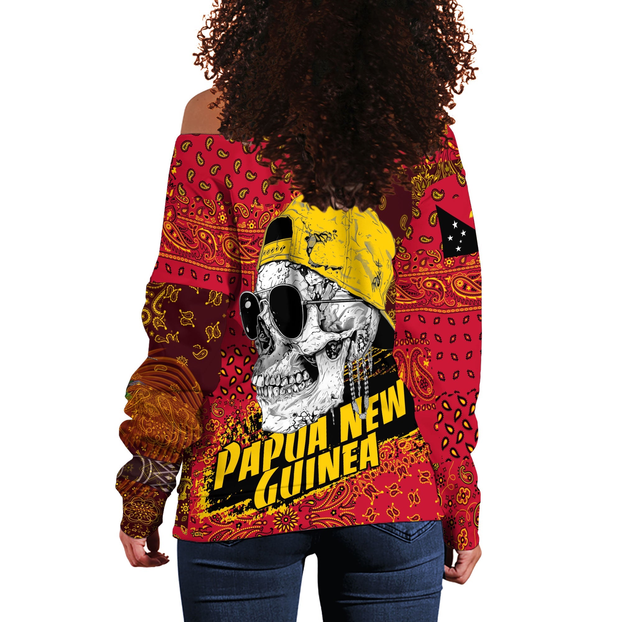 Papua New Guinea Women Off Shoulder Sweatshirt Paisley Flag And Skull Style 3