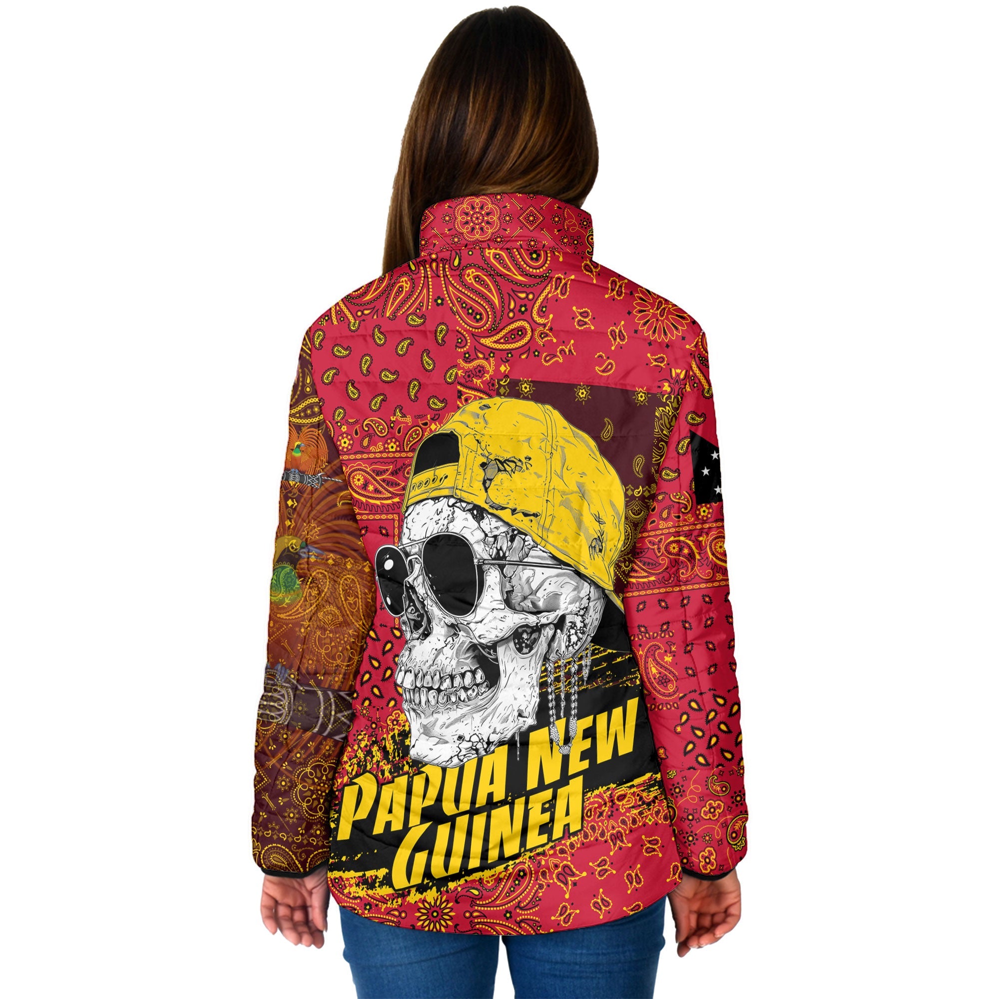 Papua New Guinea Women Padded Jacket Paisley Flag And Skull Style 2