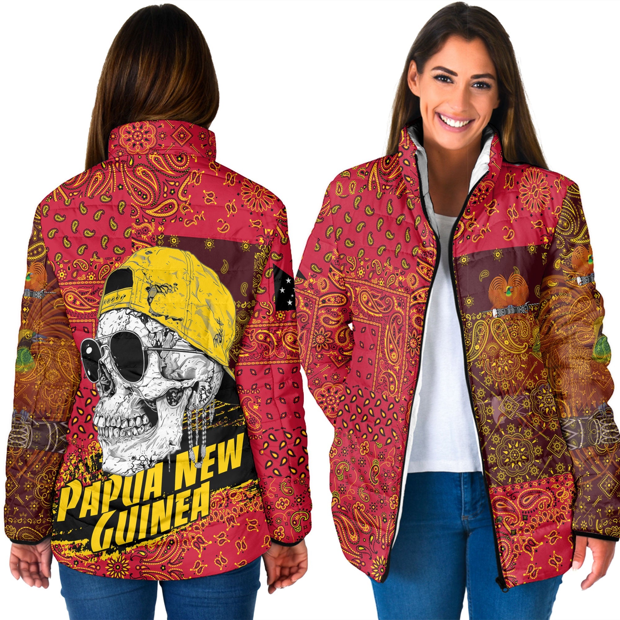 Papua New Guinea Women Padded Jacket Paisley Flag And Skull Style 3