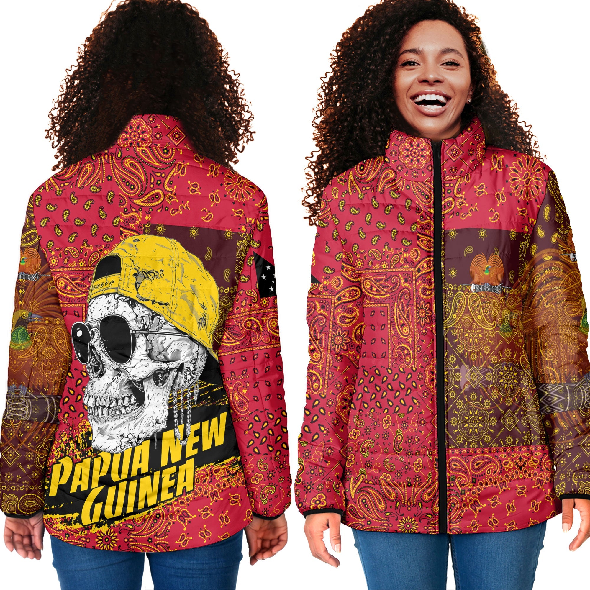 Papua New Guinea Women Padded Jacket Paisley Flag And Skull Style 4