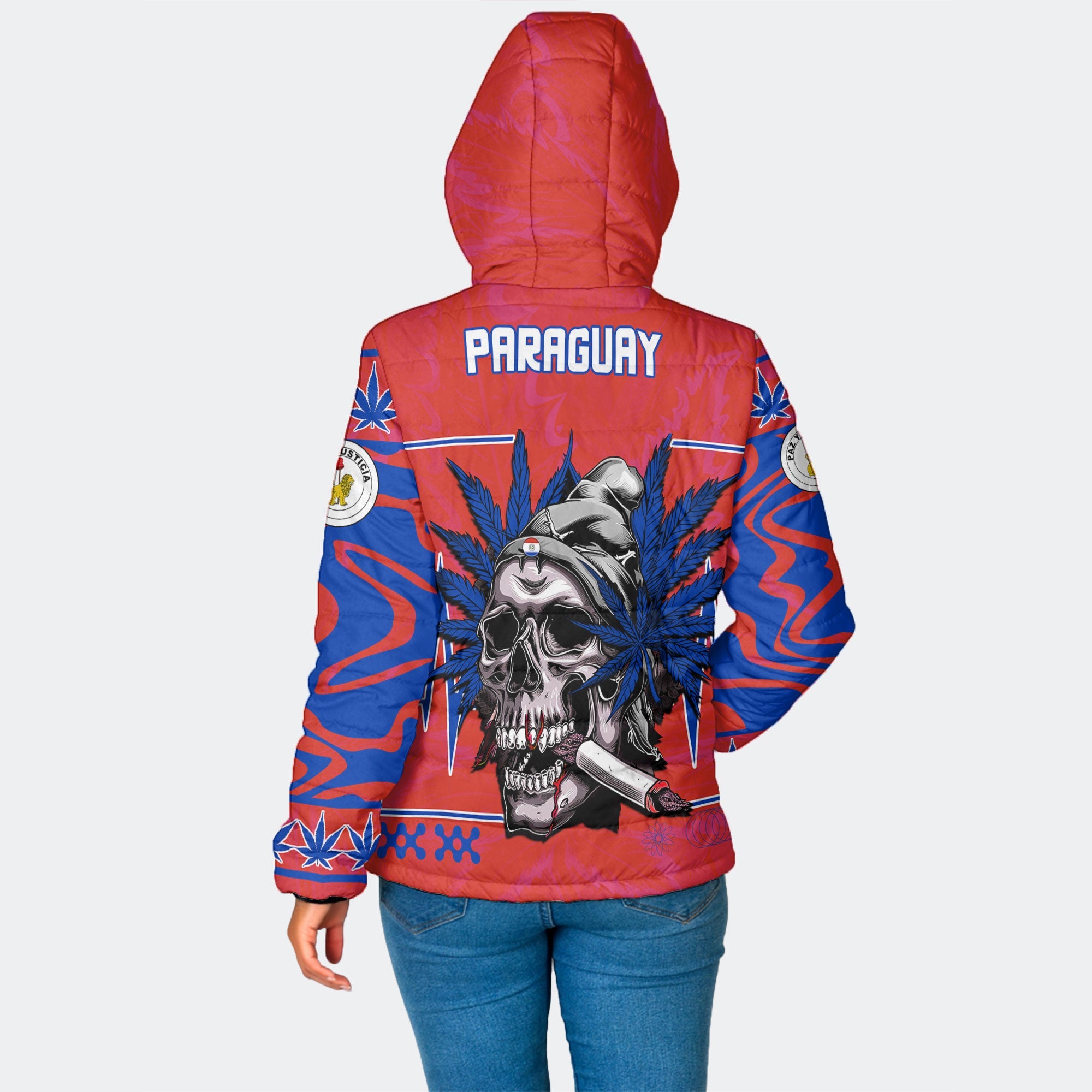 Paraguay Women Hooded Padded Jacket Flag & Coat Of Arms Reverse Fire Marijuanas Style