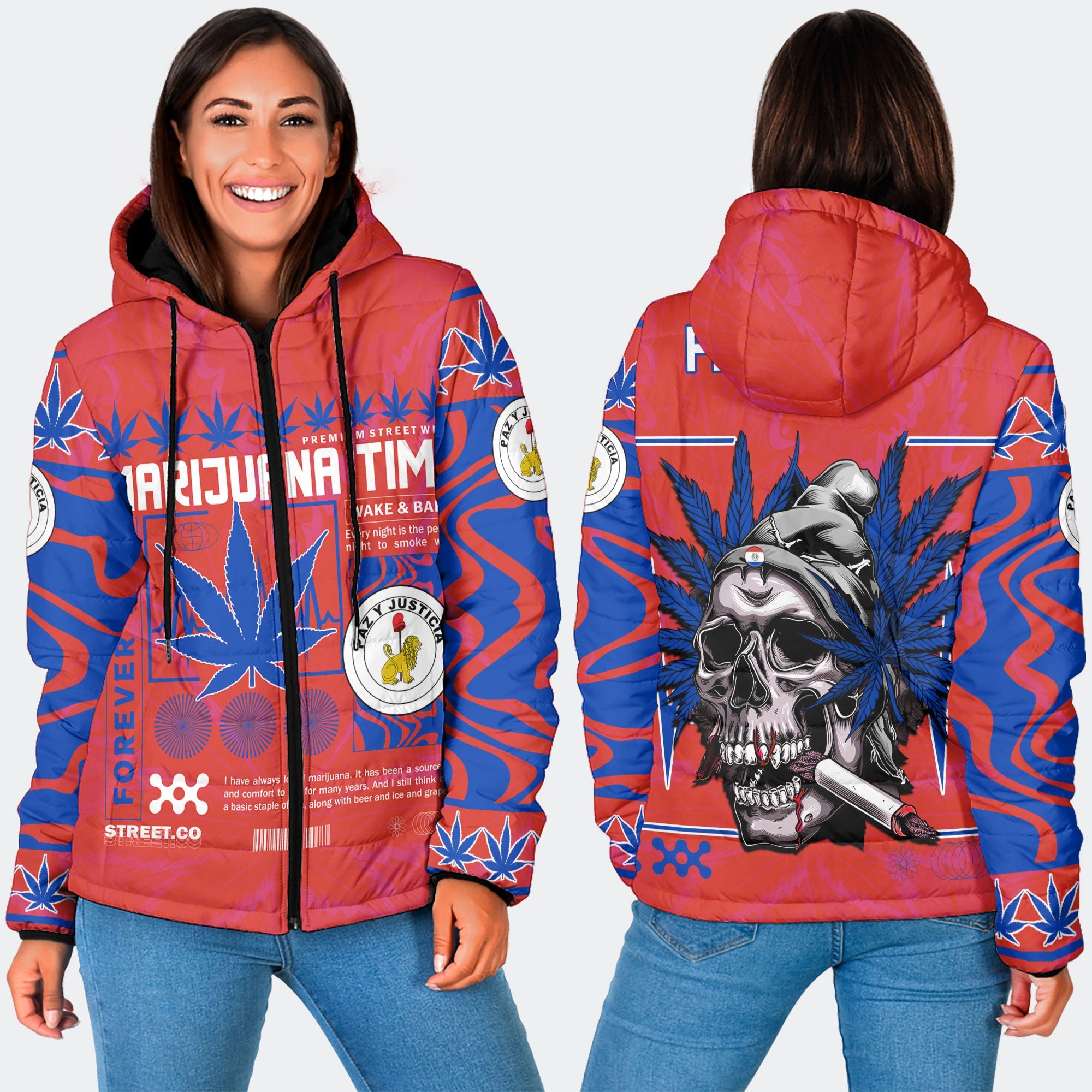 Paraguay Women Hooded Padded Jacket Flag & Coat Of Arms Reverse Fire Marijuanas Style