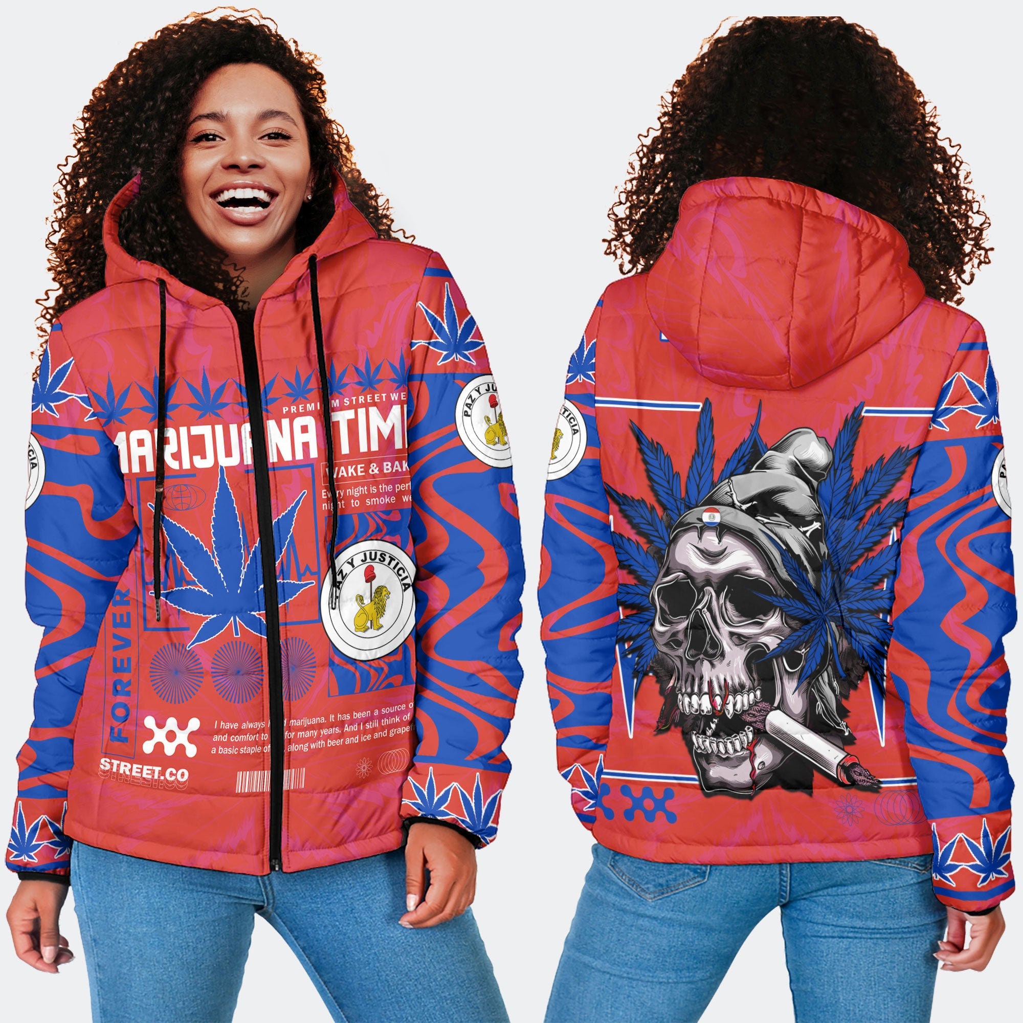 Paraguay Women Hooded Padded Jacket Flag & Coat Of Arms Reverse Fire Marijuanas Style