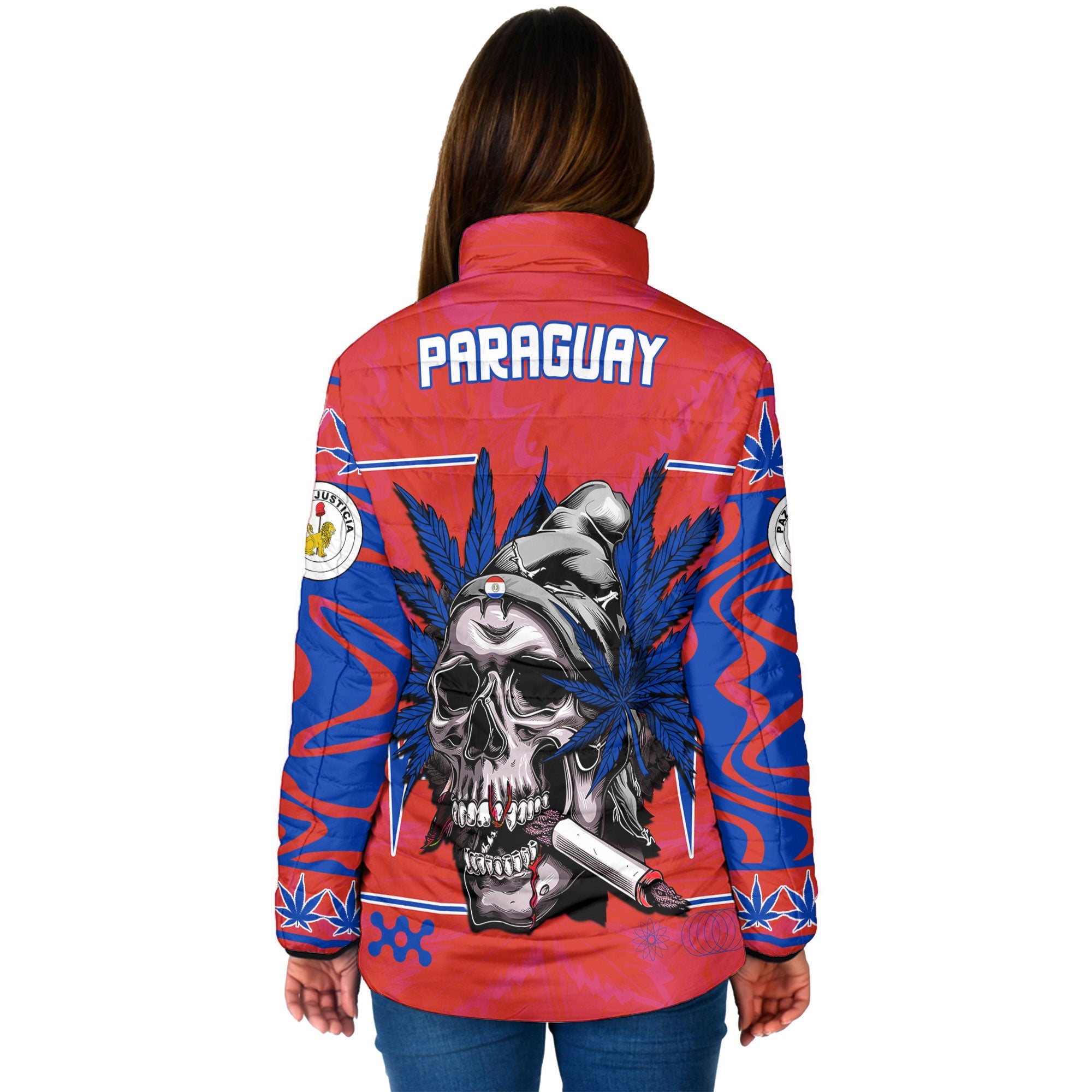 Paraguay Women Padded Jacket Flag & Coat Of Arms Reverse Fire Marijuanas Style