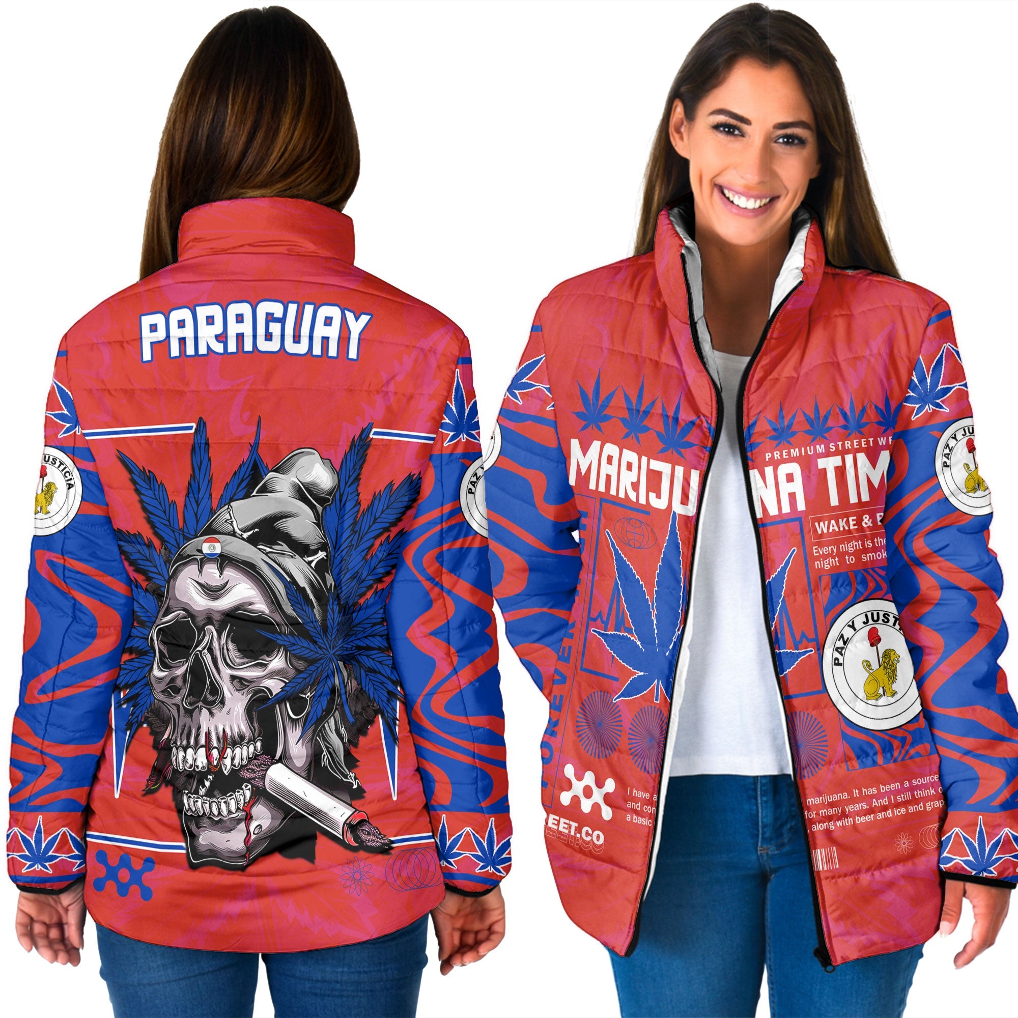 Paraguay Women Padded Jacket Flag & Coat Of Arms Reverse Fire Marijuanas Style