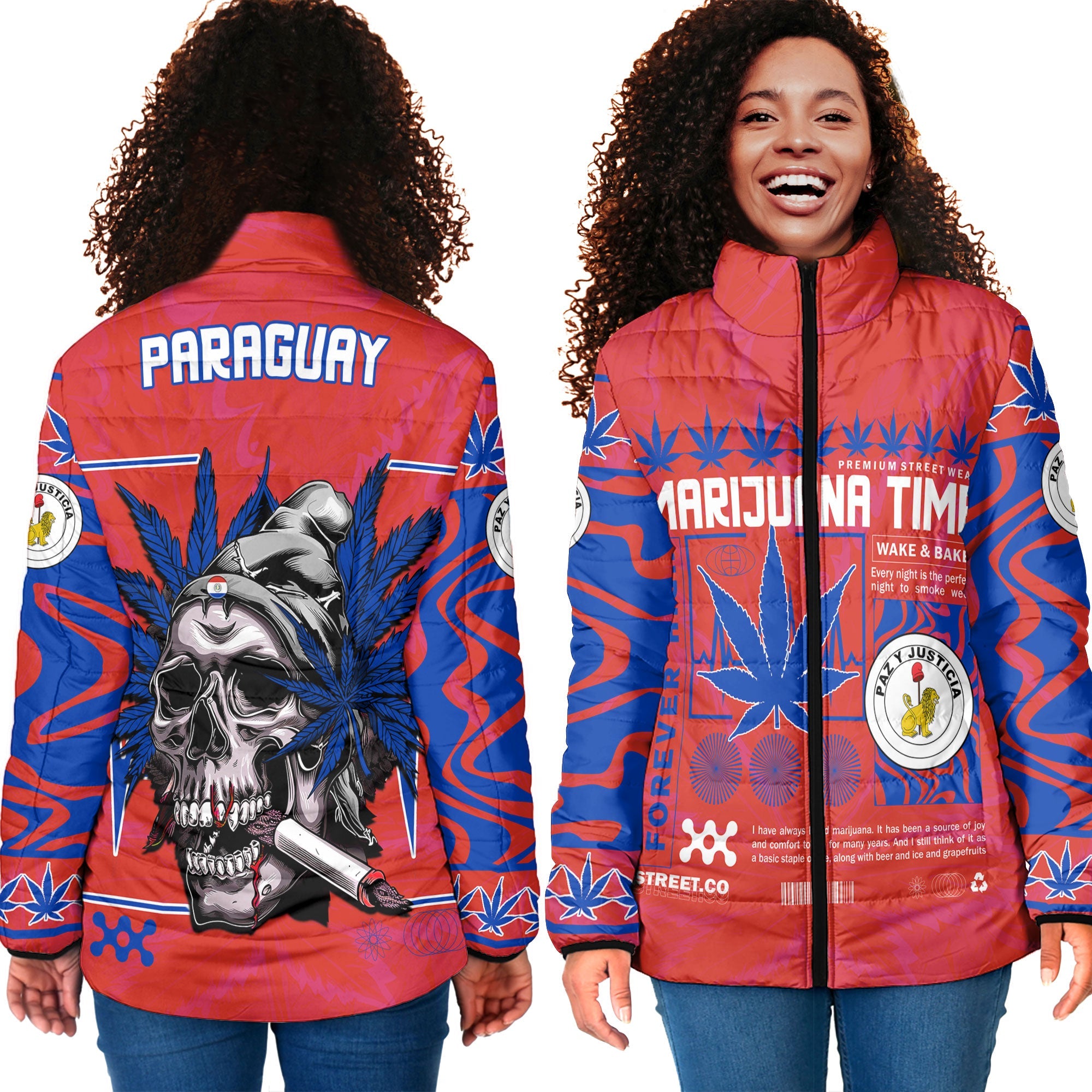 Paraguay Women Padded Jacket Flag & Coat Of Arms Reverse Fire Marijuanas Style