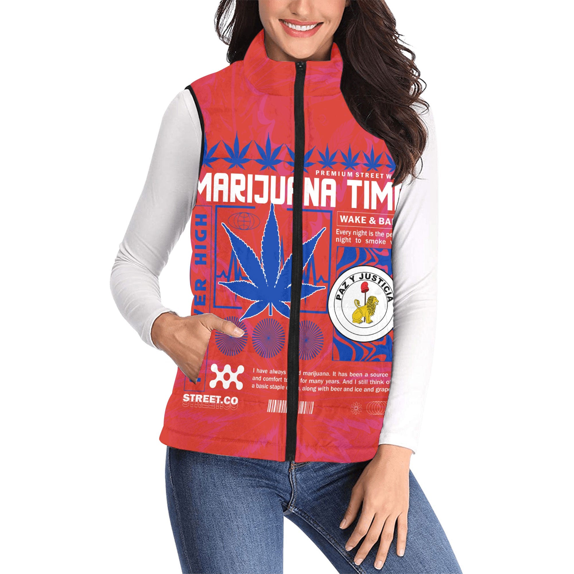 Paraguay Women Padded Jacket Vest Flag & Coat Of Arms Reverse Fire Marijuanas Style