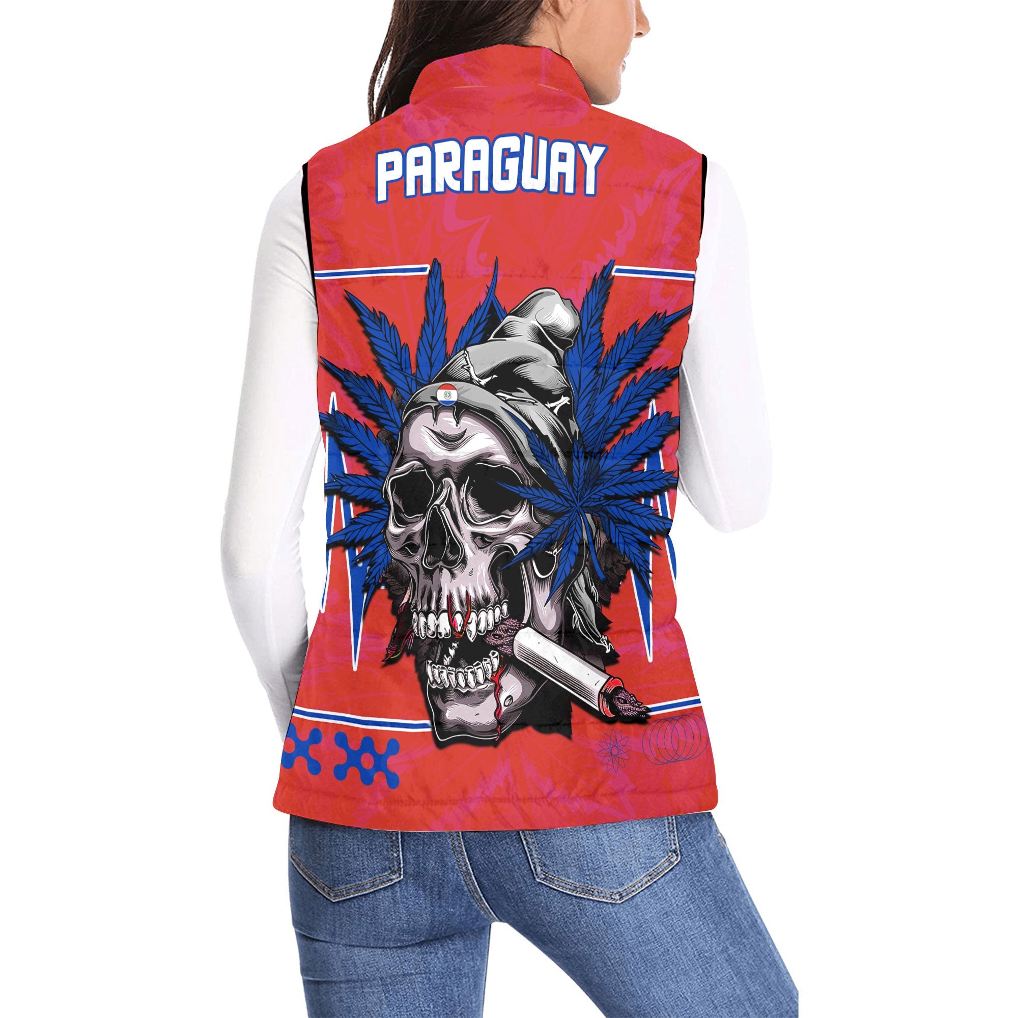 Paraguay Women Padded Jacket Vest Flag & Coat Of Arms Reverse Fire Marijuanas Style