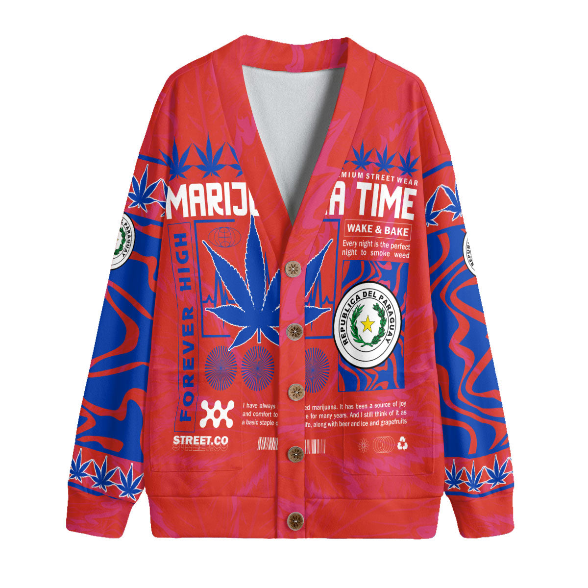 Paraguay Fleece Cardigan Flag & Coat Of Arms Marijuanas Style