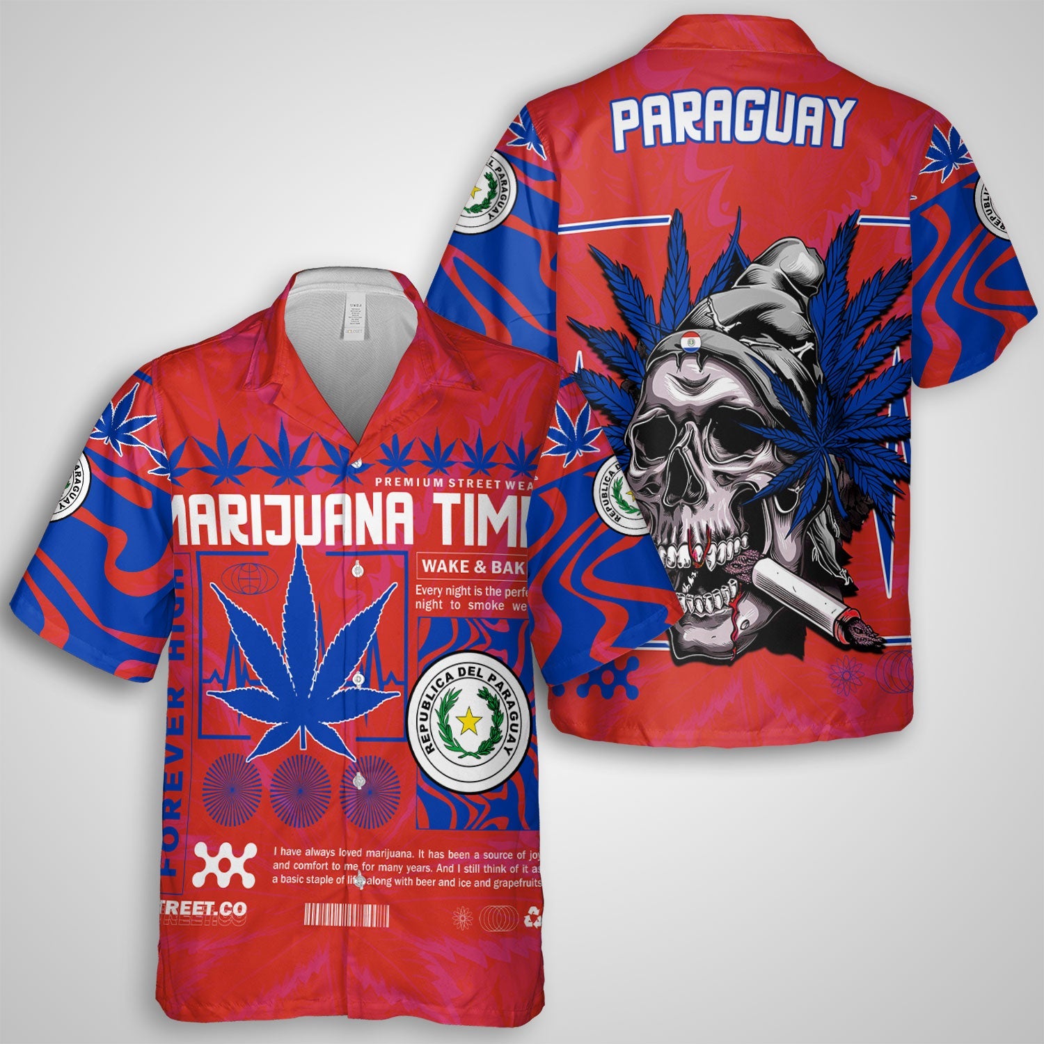 Paraguay Hawaiian Shirt Flag & Coat Of Arms Marijuanas Style