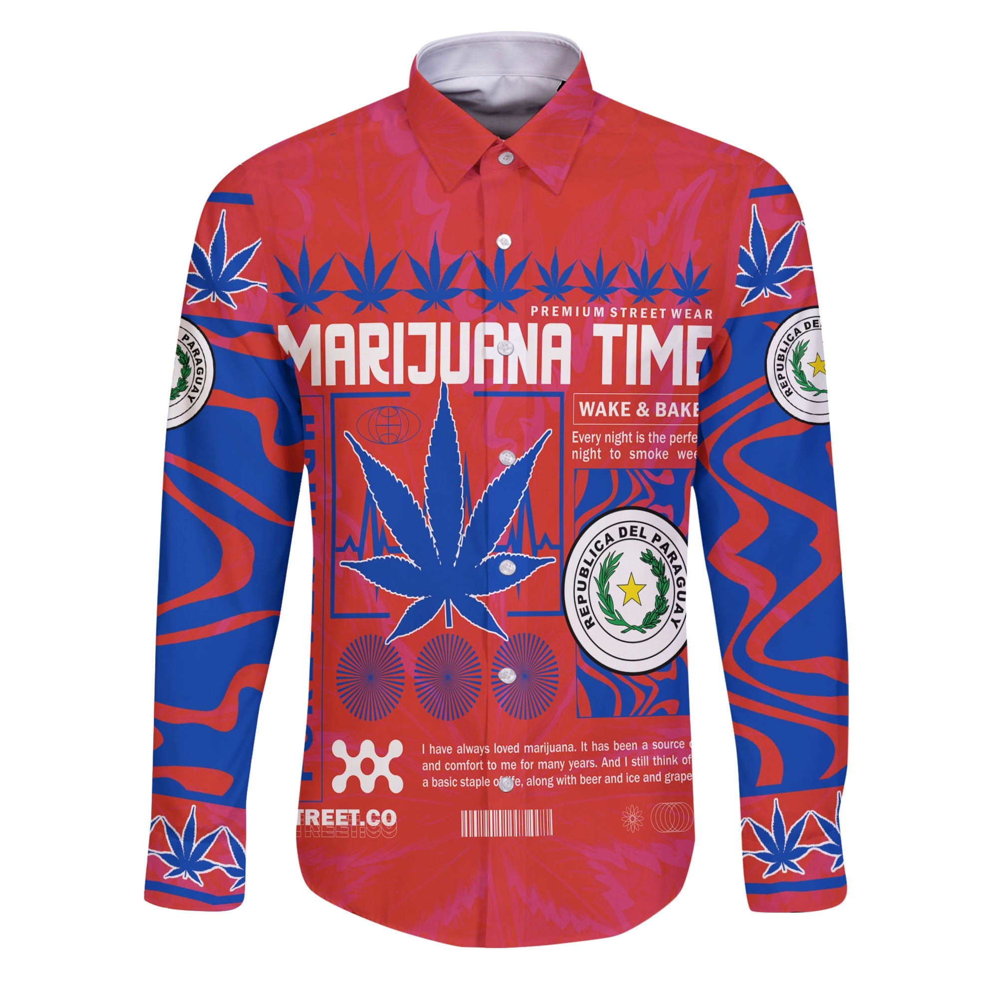 Paraguay Long Sleeve Button Shirt Flag & Coat Of Arms Marijuanas Style