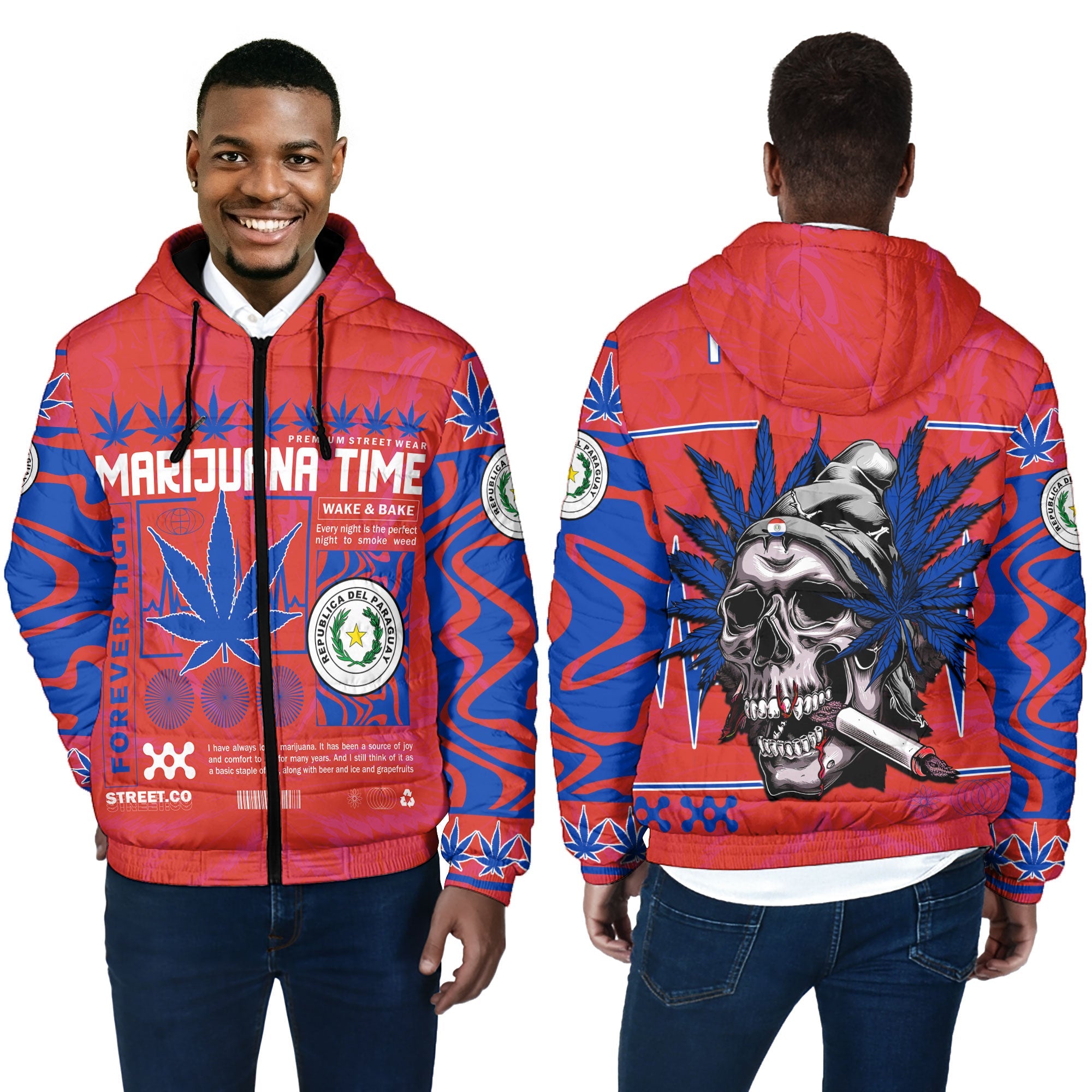 Paraguay Men Hooded Padded Jacket Flag & Coat Of Arms Marijuanas Style