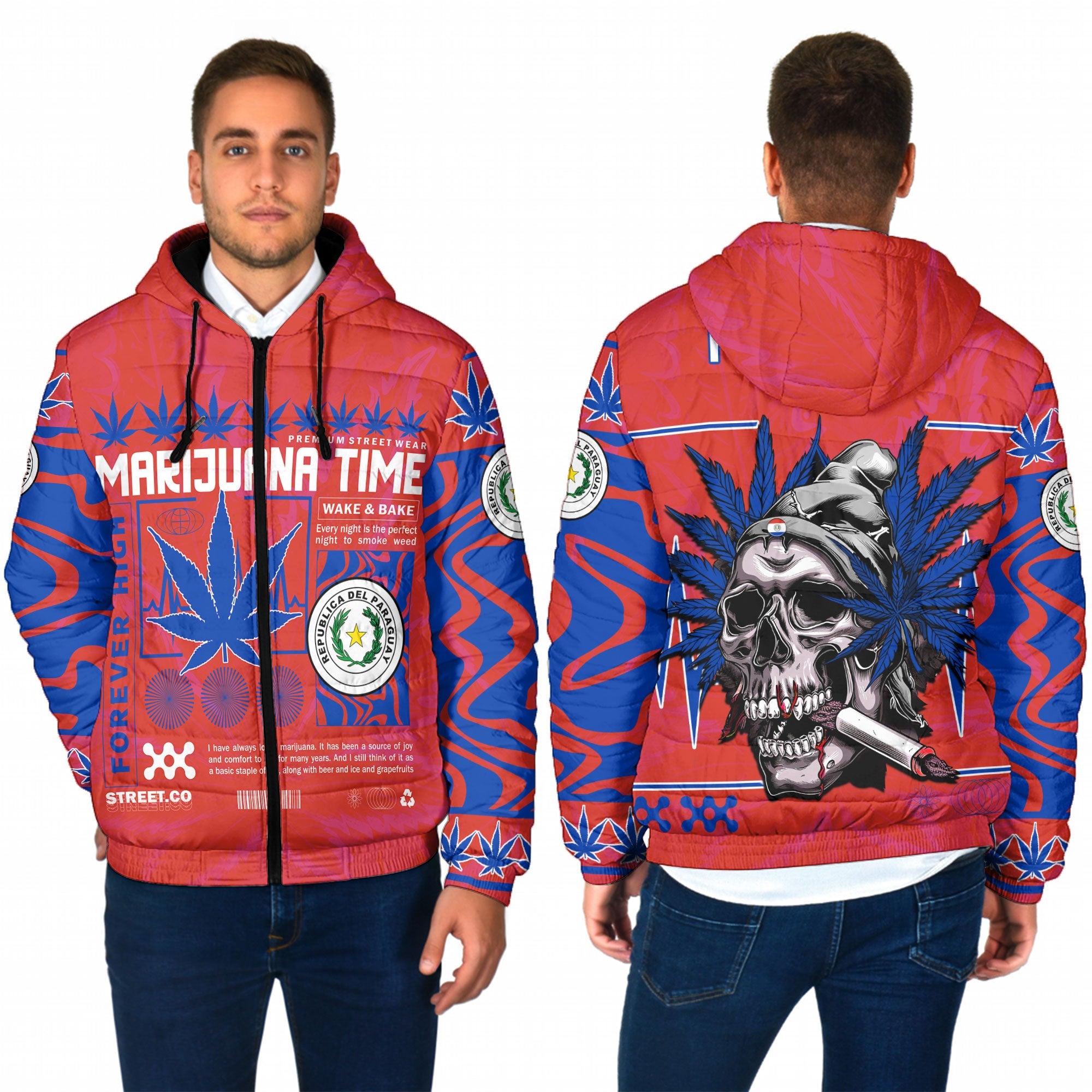 Paraguay Men Hooded Padded Jacket Flag & Coat Of Arms Marijuanas Style