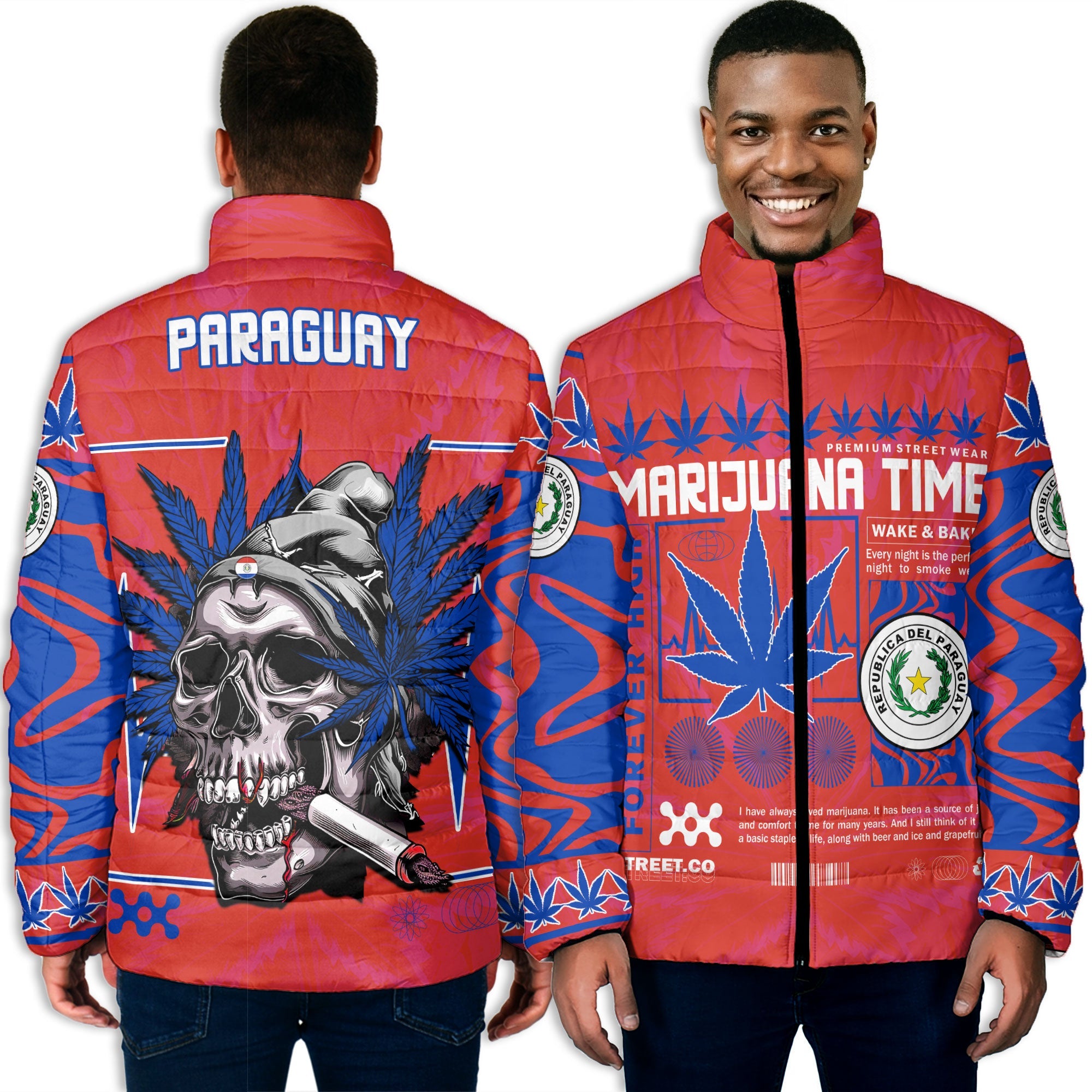 Paraguay Men Padded Jacket Flag & Coat Of Arms Marijuanas Style