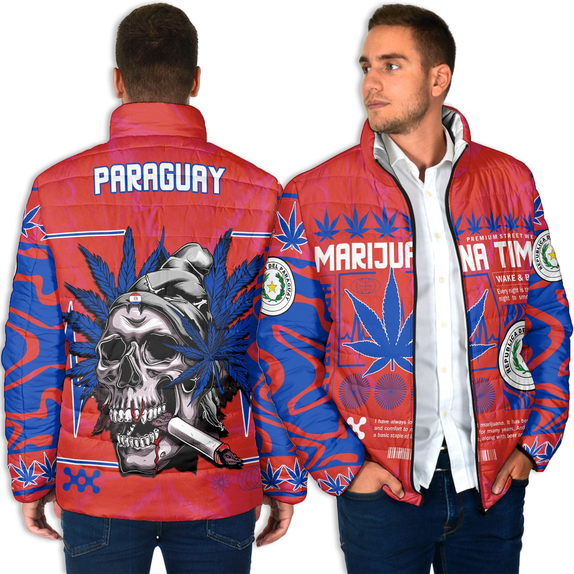 Paraguay Men Padded Jacket Flag & Coat Of Arms Marijuanas Style