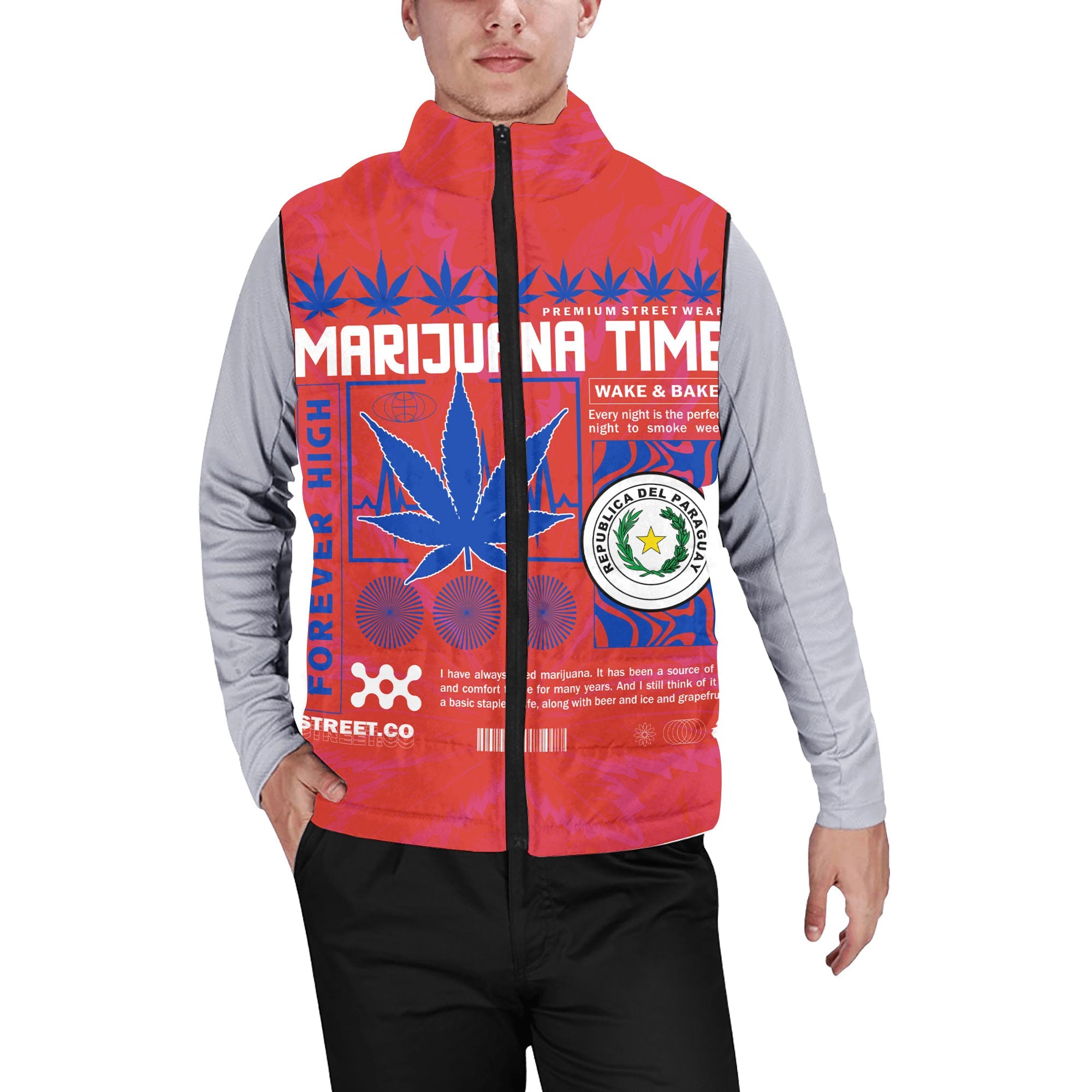 Paraguay Men Padded Jacket Vest Flag & Coat Of Arms Marijuanas Style