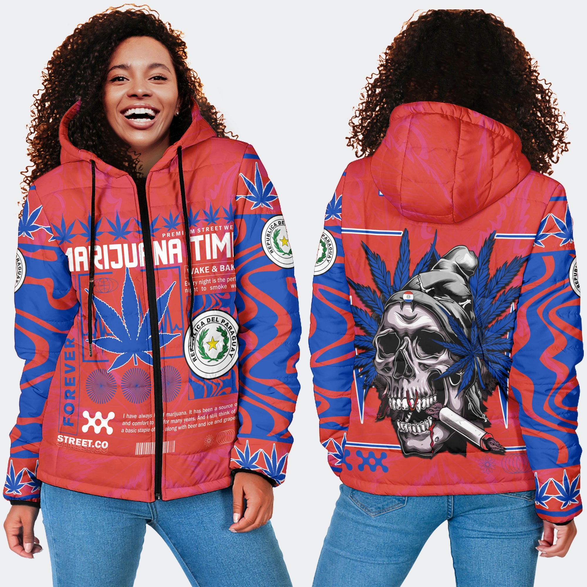 Paraguay Women Hooded Padded Jacket Flag & Coat Of Arms Marijuanas Style