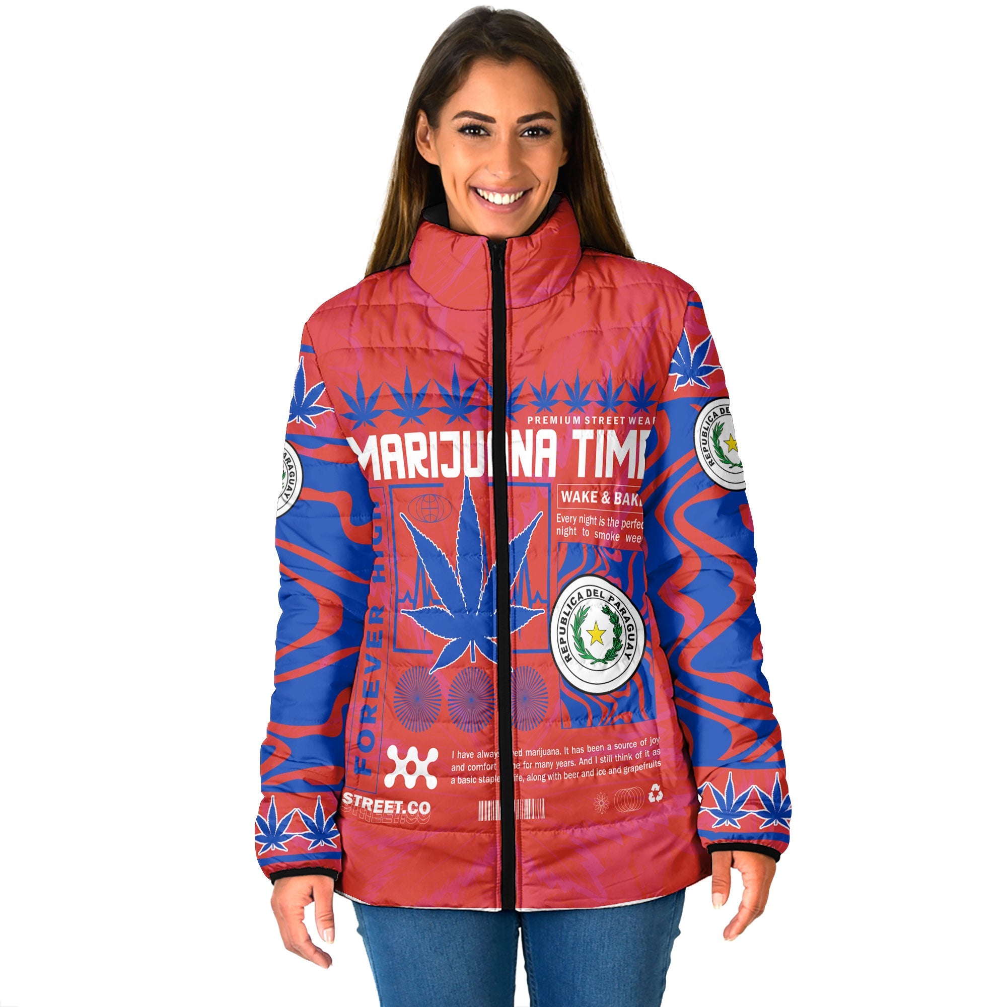 Paraguay Women Padded Jacket Flag & Coat Of Arms Marijuanas Style