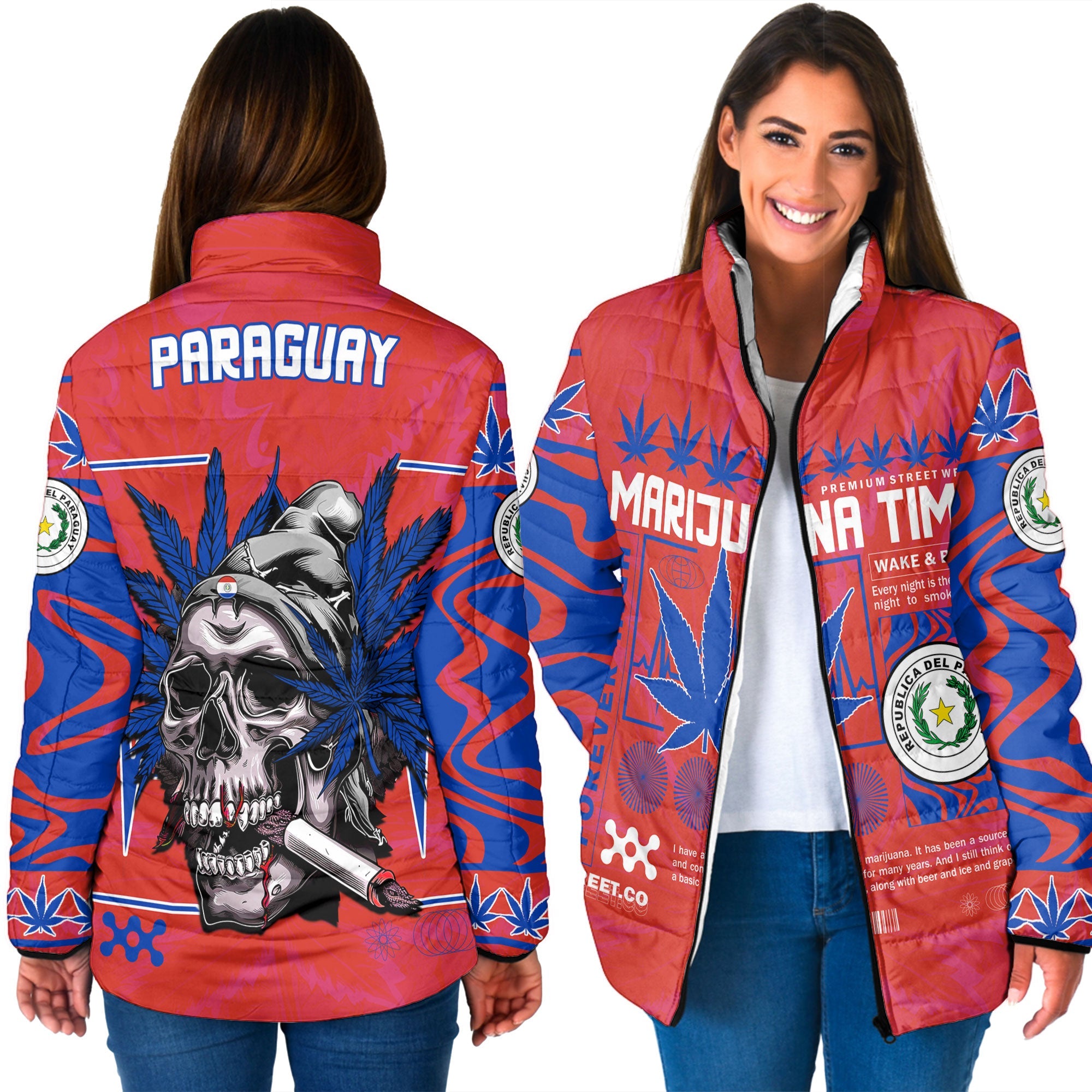 Paraguay Women Padded Jacket Flag & Coat Of Arms Marijuanas Style