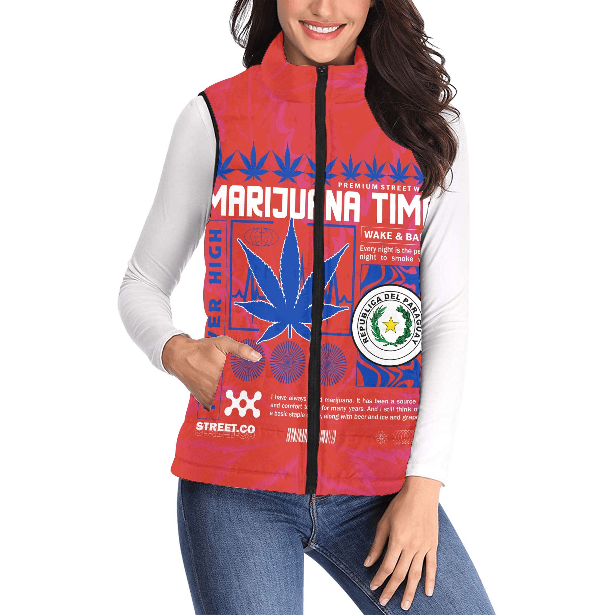 Paraguay Women Padded Jacket Vest Flag & Coat Of Arms Marijuanas Style