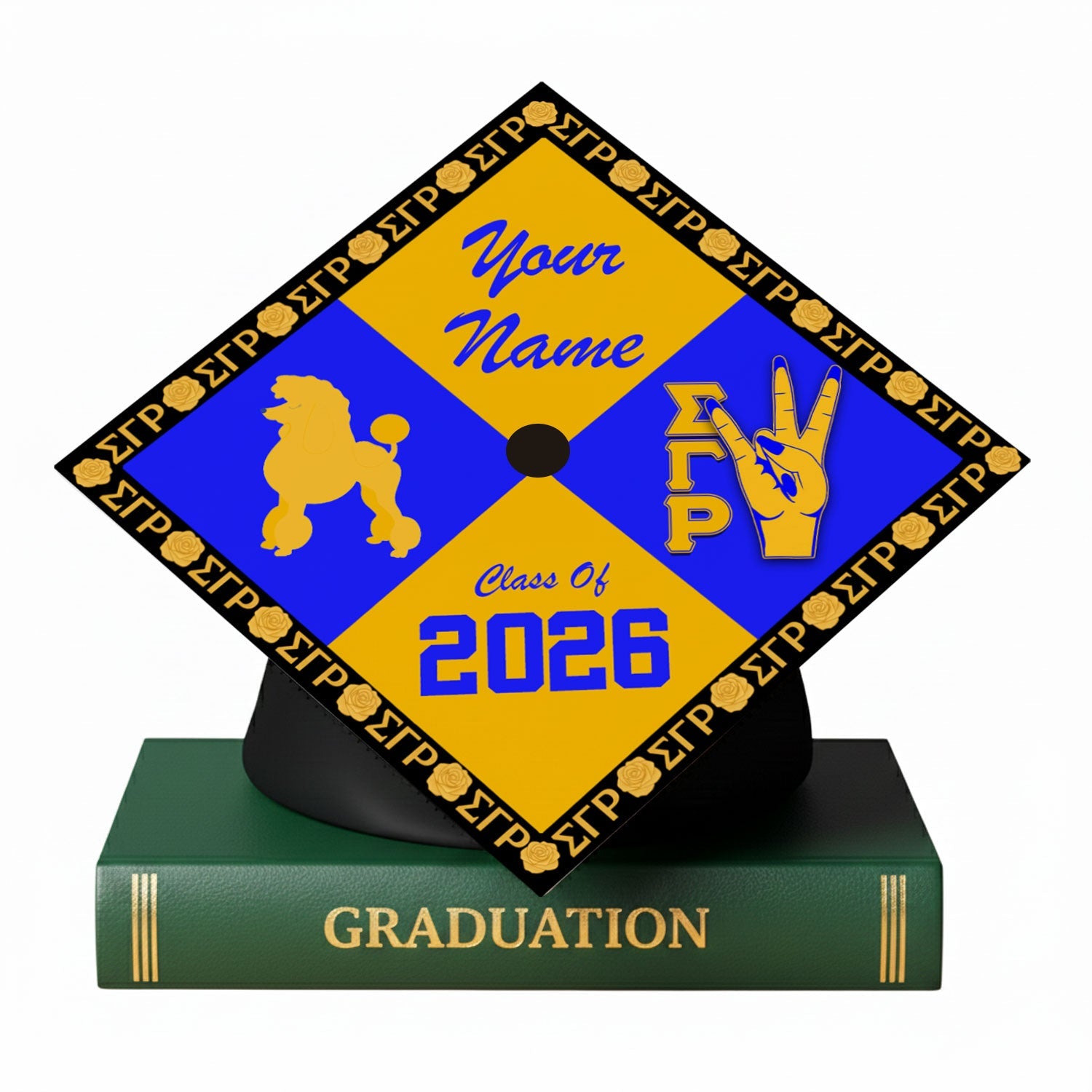 Personalized Sigma Gamma Rho Graduation Cap Blue Gold Greek Symbols St ...
