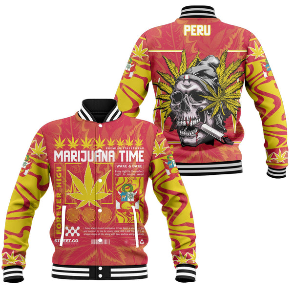 Peru Baseball Jacket Flag & Coat Of Arms Marijuanas Style