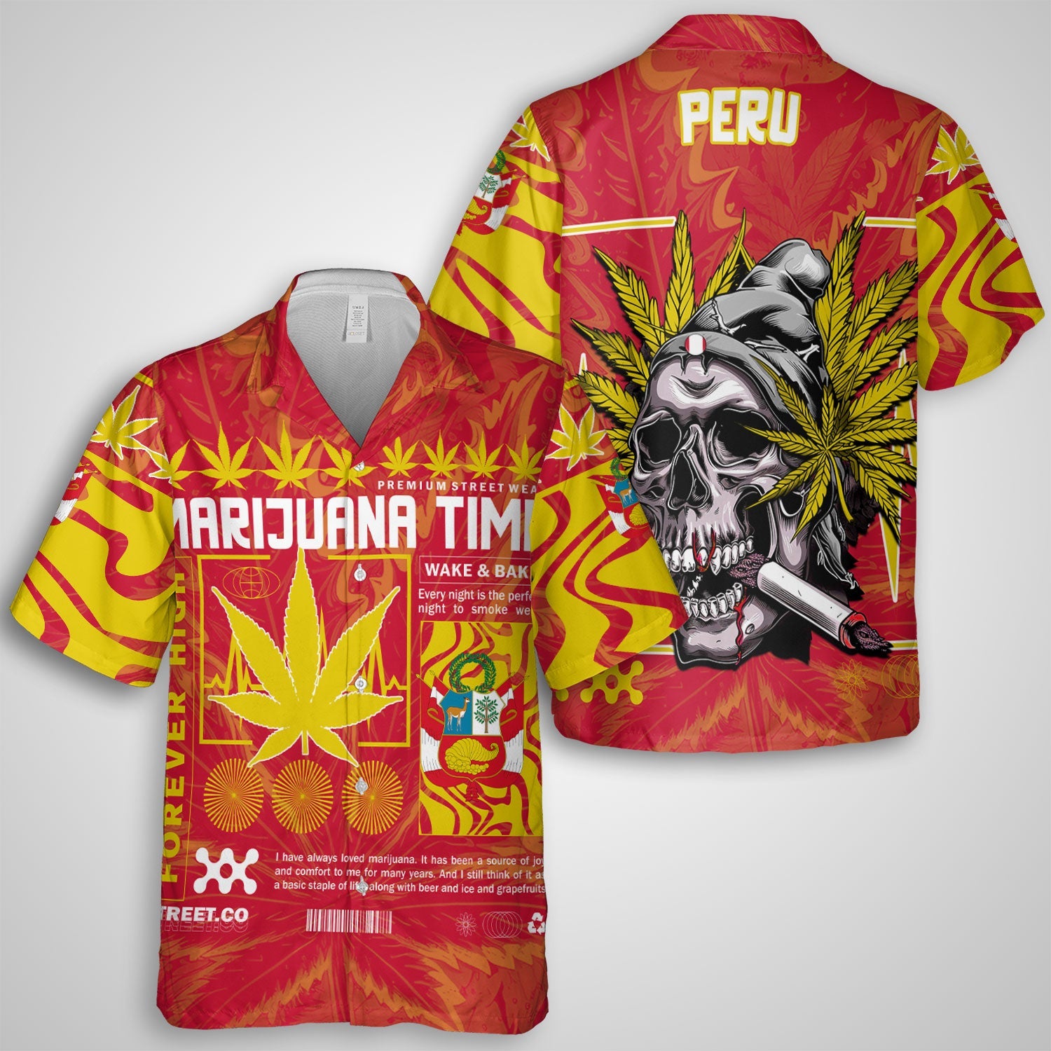 Peru Hawaiian Shirt Flag & Coat Of Arms Marijuanas Style