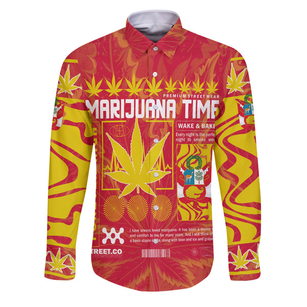 Peru Long Sleeve Button Shirt Flag & Coat Of Arms Marijuanas Style