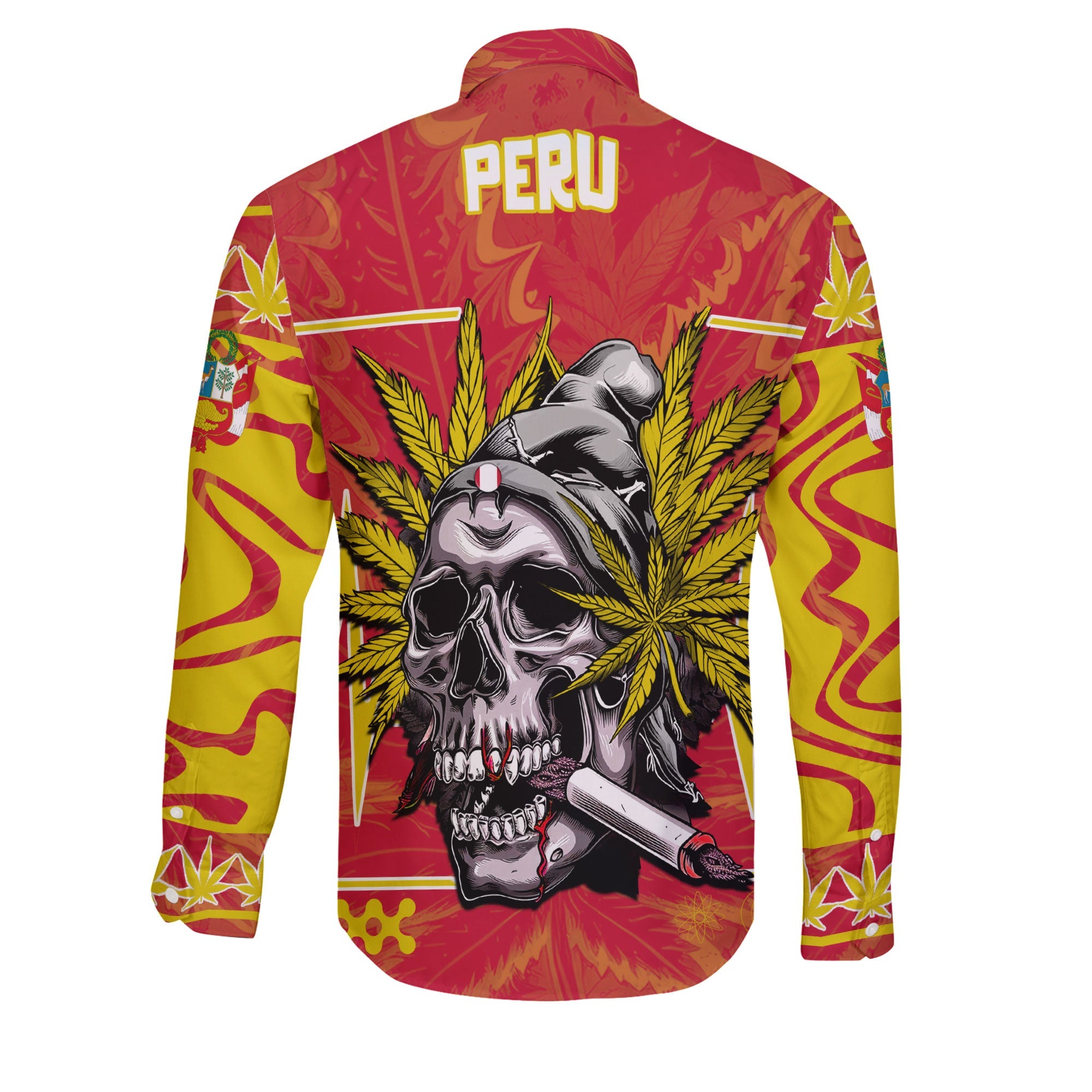 Peru Long Sleeve Button Shirt Flag & Coat Of Arms Marijuanas Style