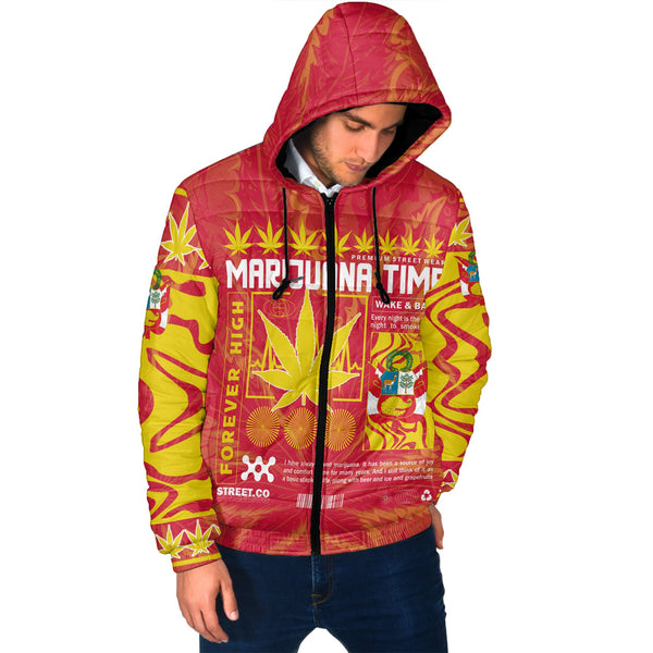 Peru Men Hooded Padded Jacket Flag & Coat Of Arms Marijuanas Style