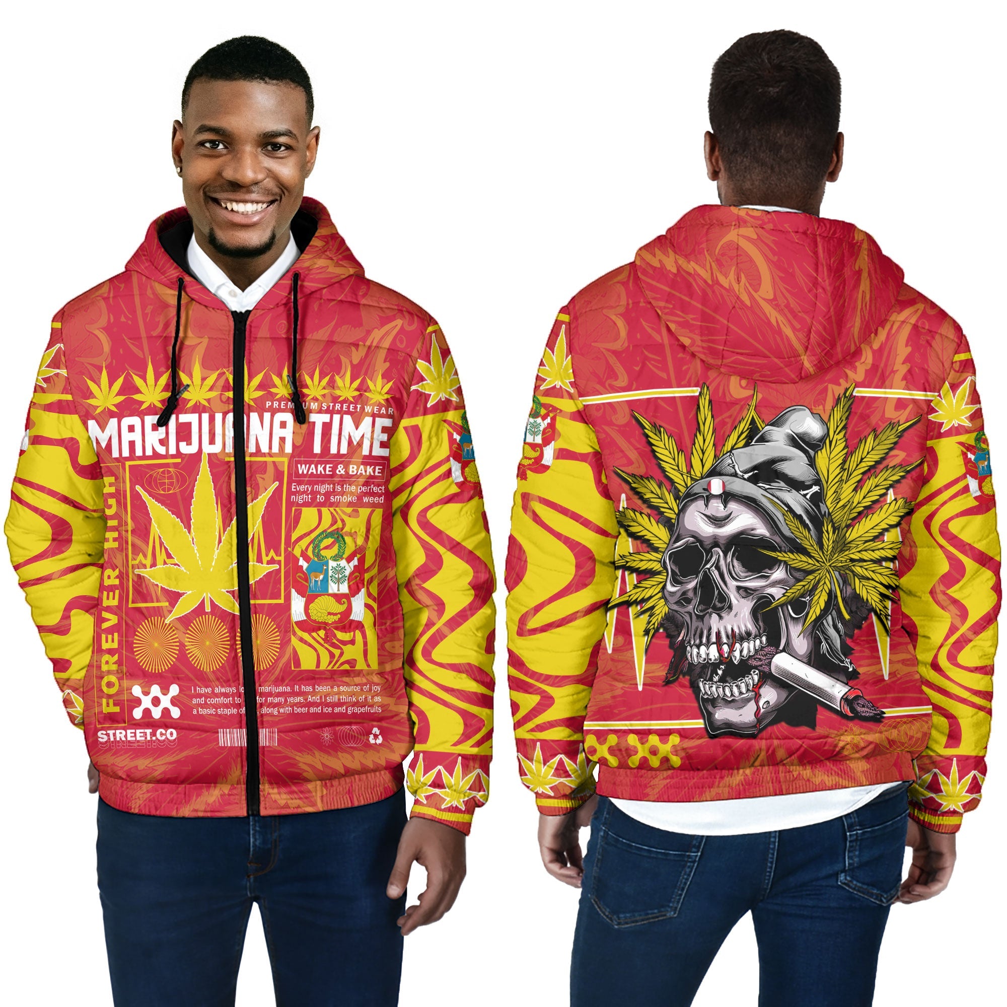 Peru Men Hooded Padded Jacket Flag & Coat Of Arms Marijuanas Style