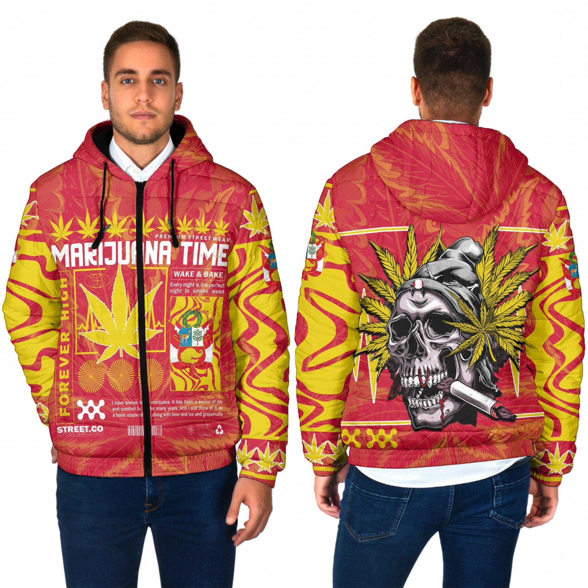 Peru Men Hooded Padded Jacket Flag & Coat Of Arms Marijuanas Style