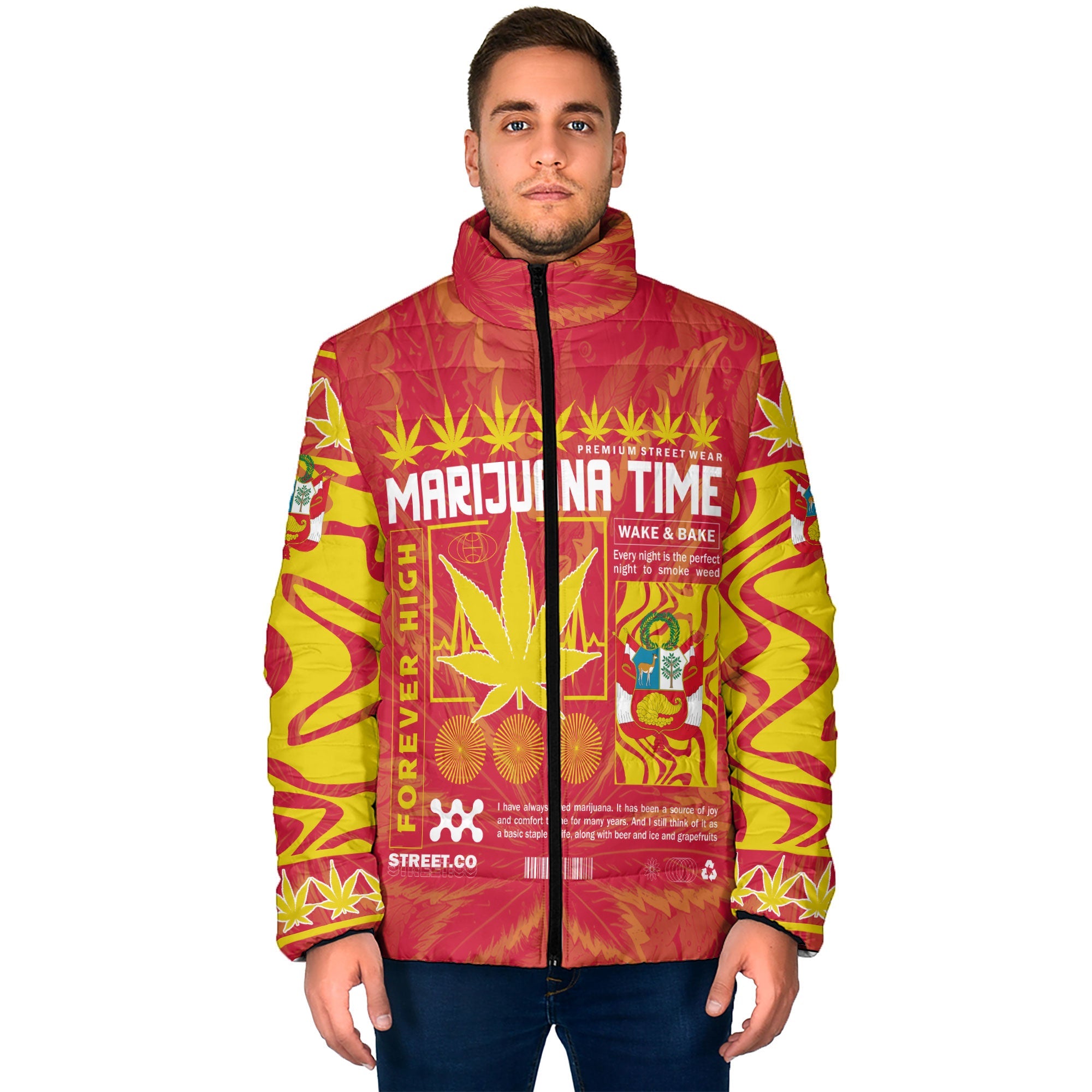 Peru Men Padded Jacket Flag & Coat Of Arms Marijuanas Style