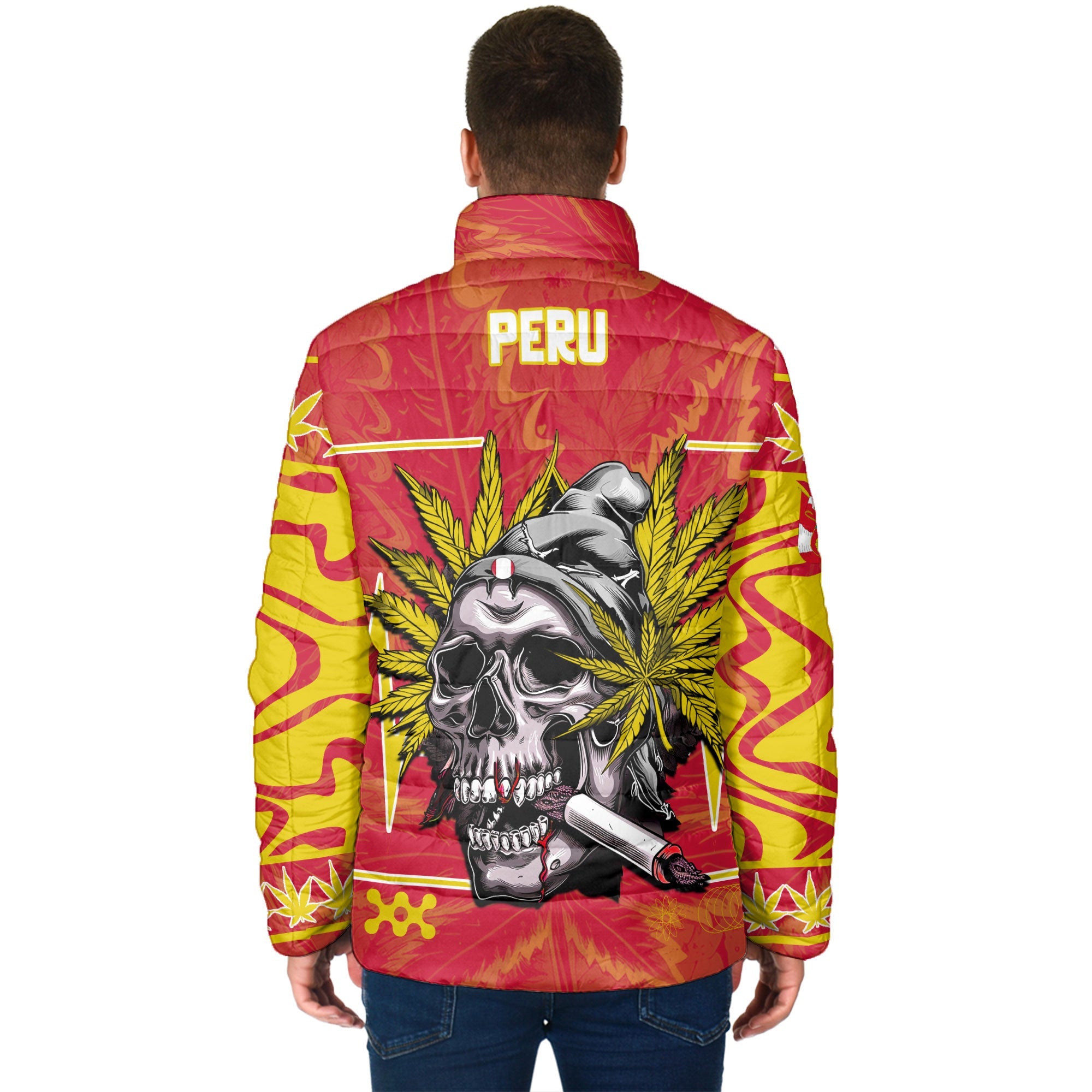 Peru Men Padded Jacket Flag & Coat Of Arms Marijuanas Style