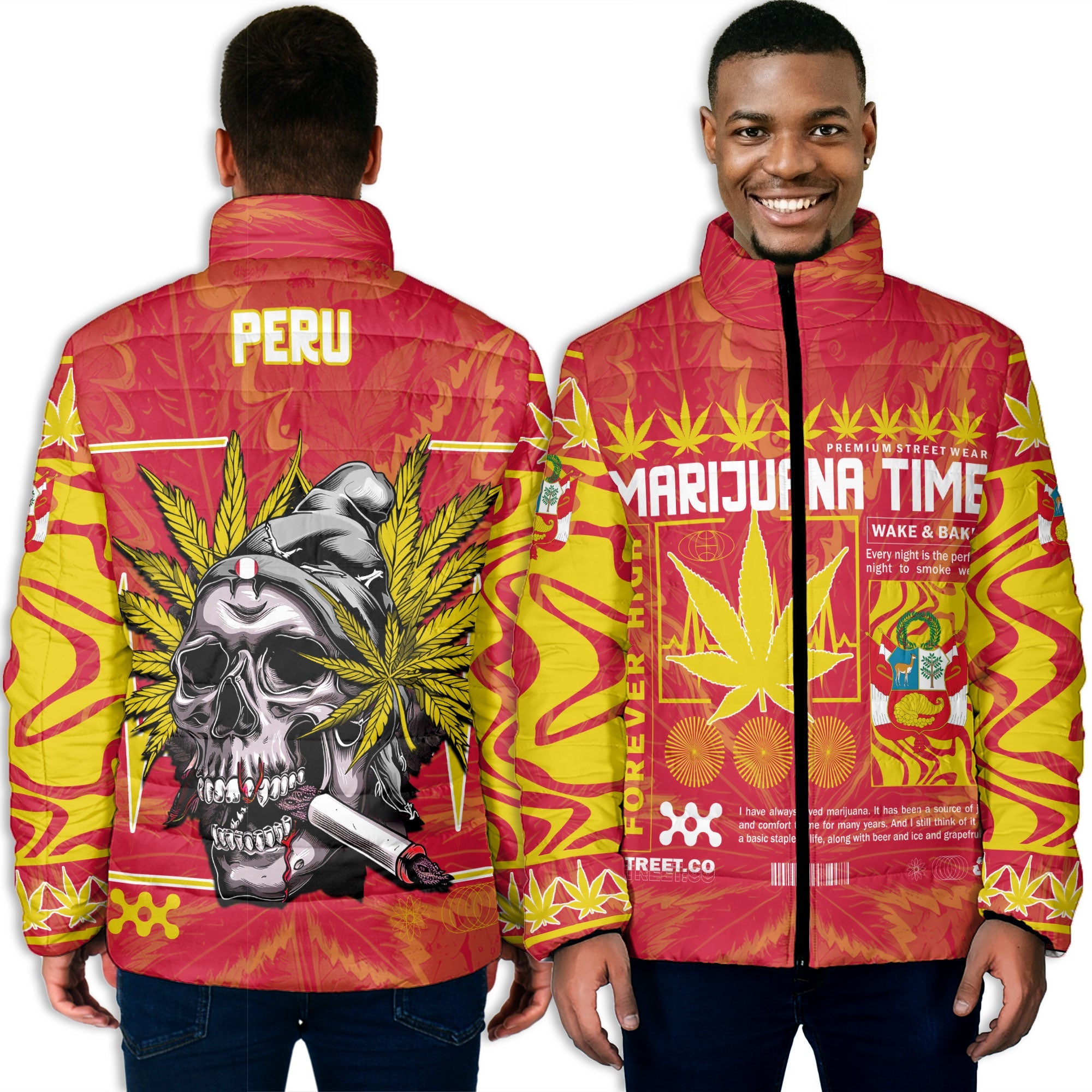 Peru Men Padded Jacket Flag & Coat Of Arms Marijuanas Style