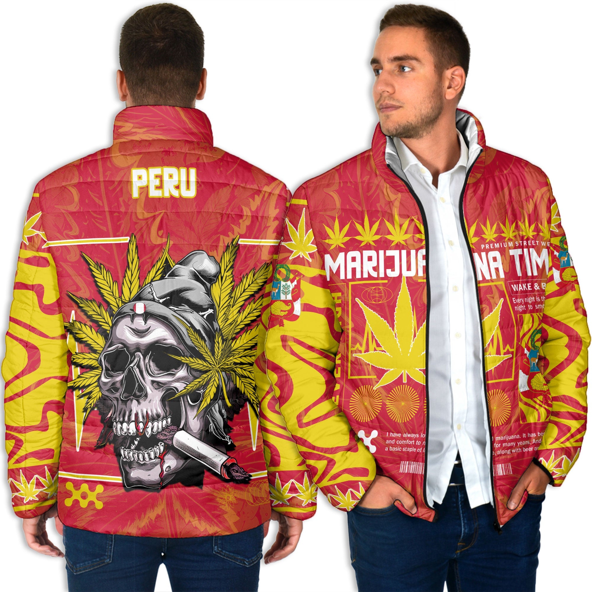 Peru Men Padded Jacket Flag & Coat Of Arms Marijuanas Style