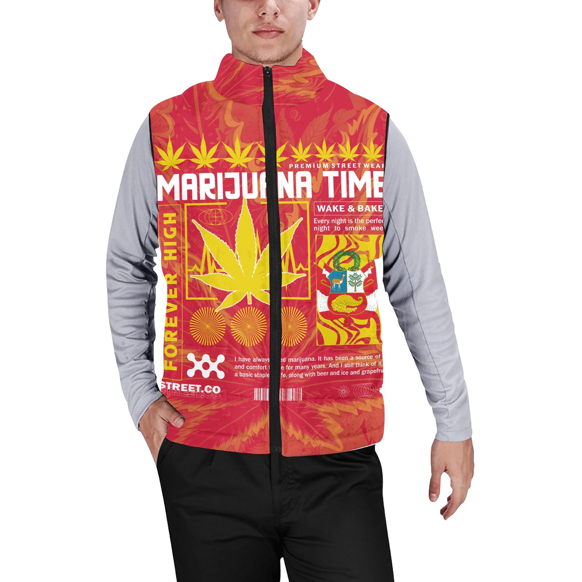 Peru Men Padded Jacket Vest Flag & Coat Of Arms Marijuanas Style