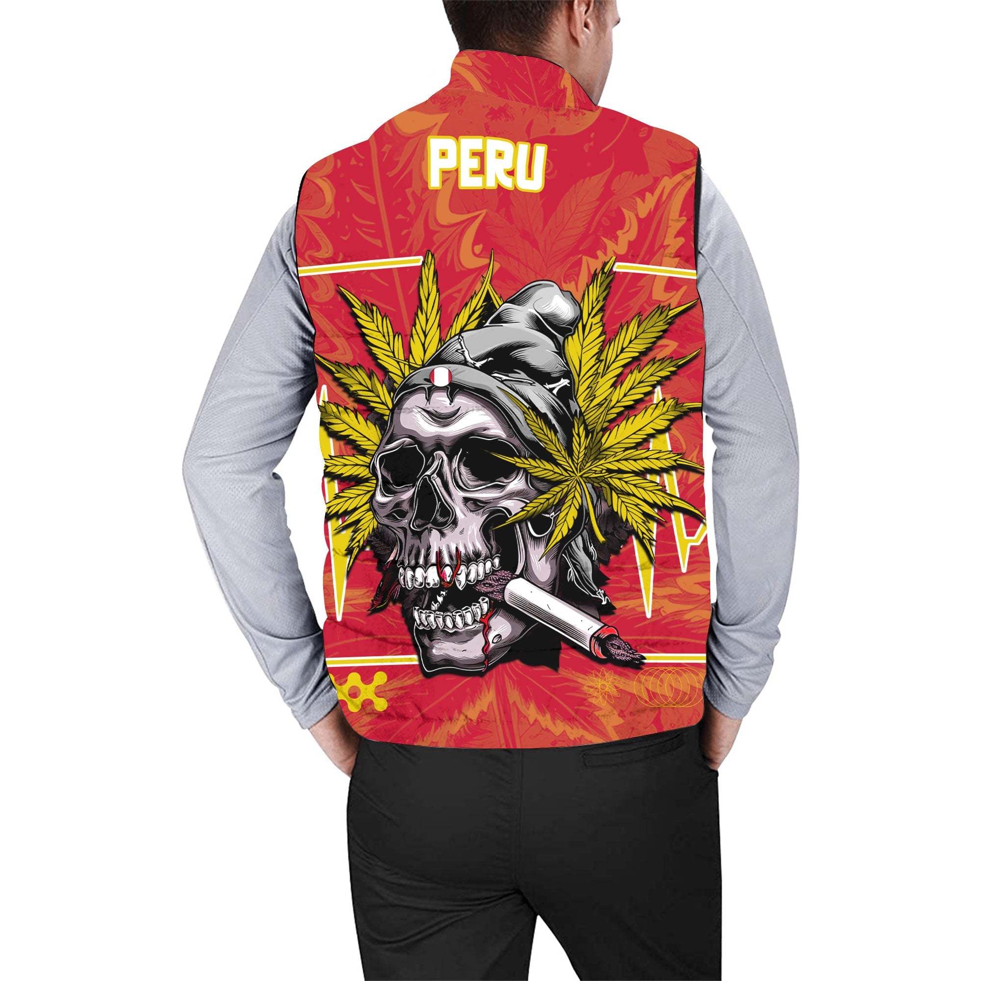 Peru Men Padded Jacket Vest Flag & Coat Of Arms Marijuanas Style