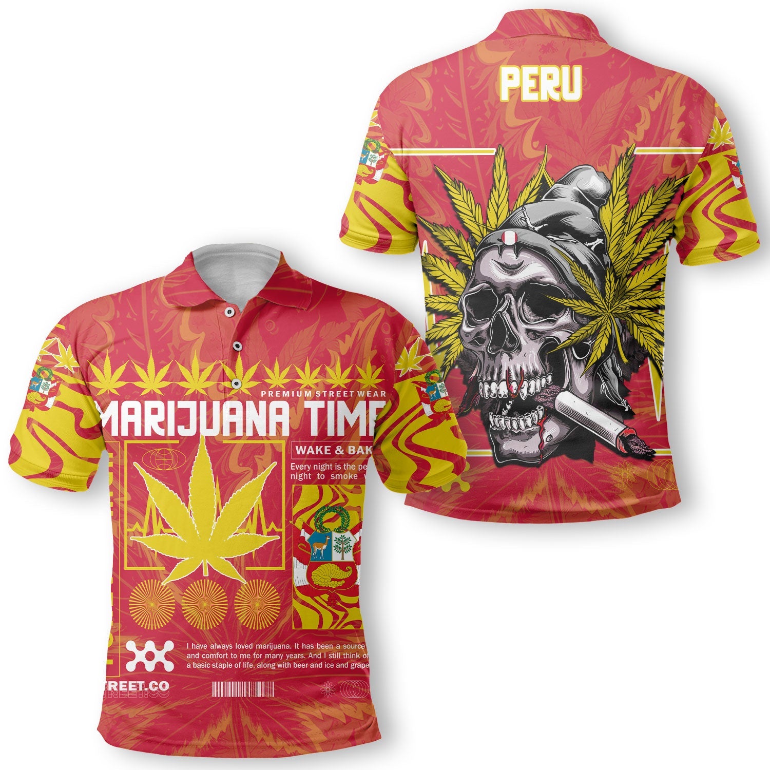 Peru Polo Shirt Flag & Coat Of Arms Marijuanas Style