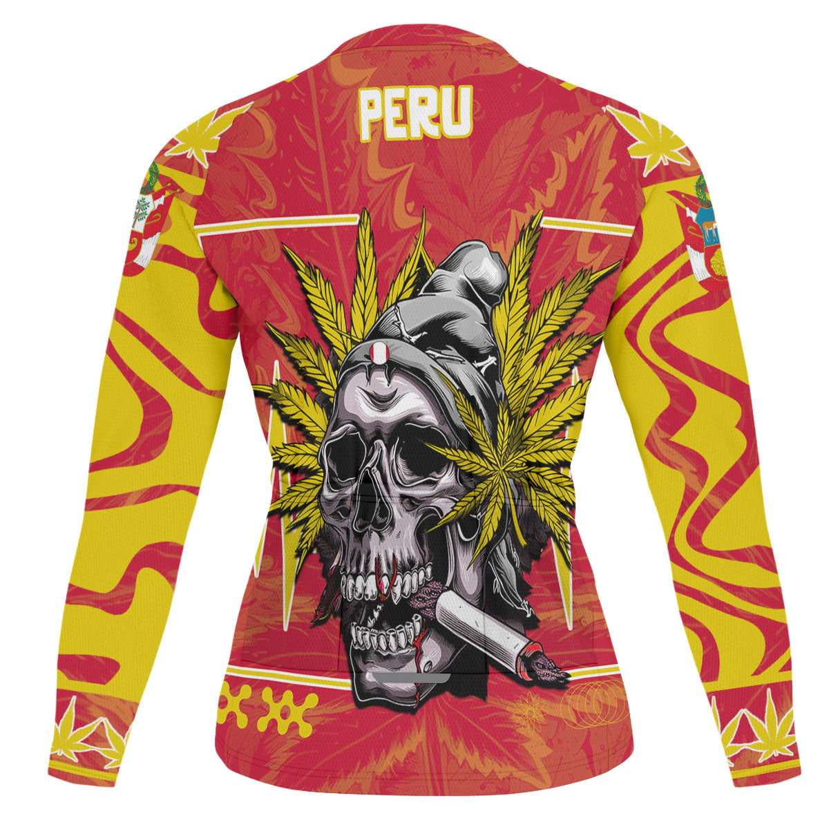 Peru Men's Cycling Jersey Long Sleeve Flag & Coat Of Arms Marijuanas Style